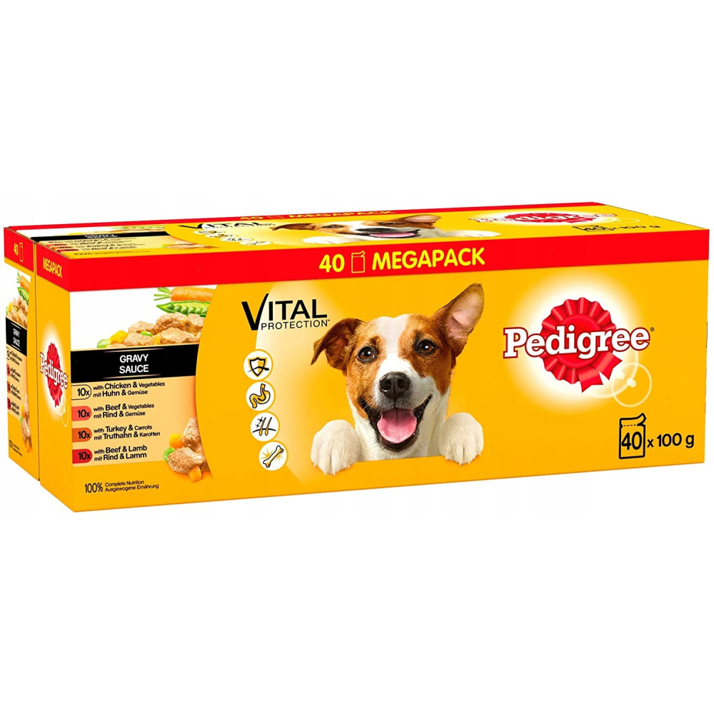 Opakowanie zbiorcze karmy dla psów Pedigree: 40 x 100g z terierem Jack Russell.