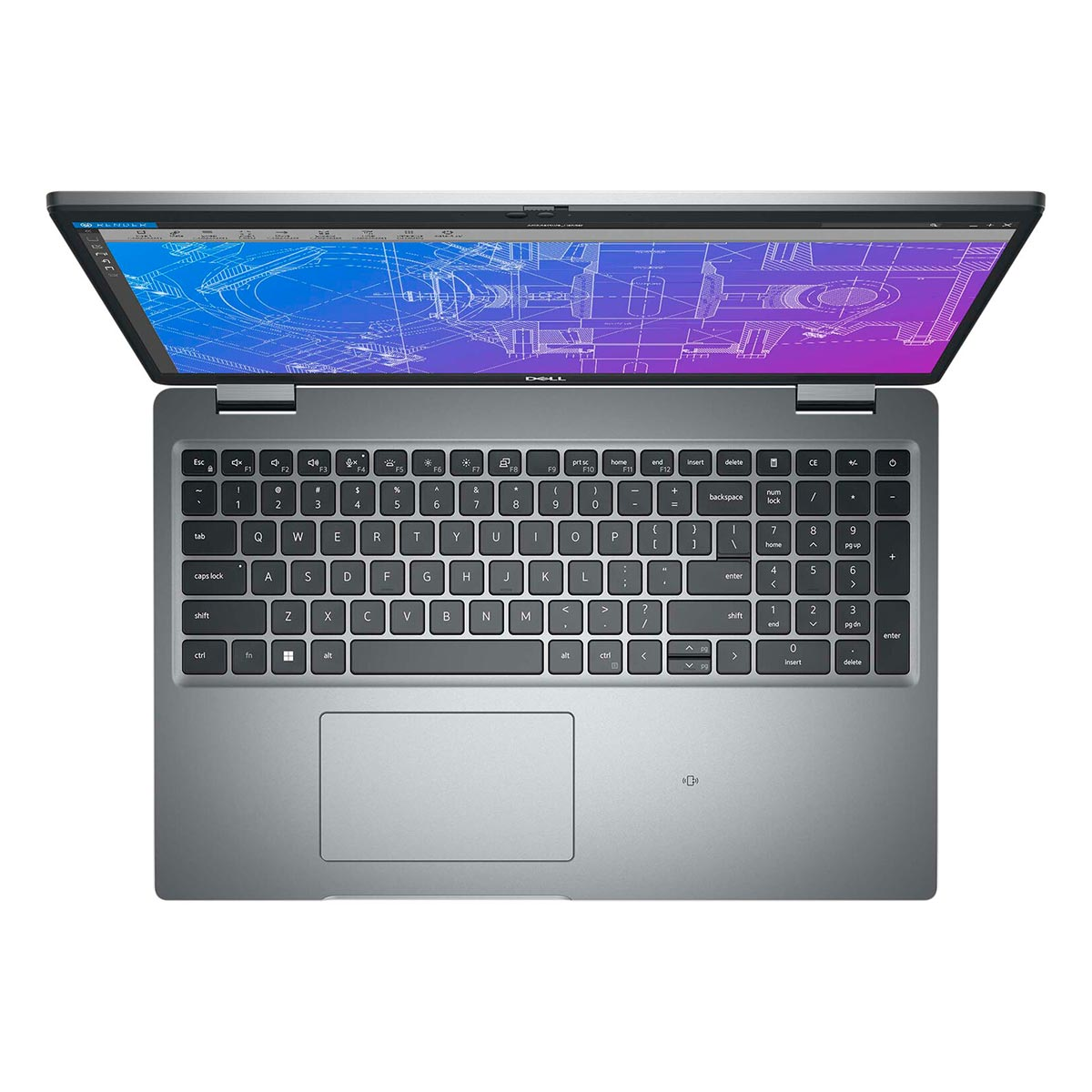 Szary laptop Dell z otwartym ekranem, wyświetlający niebieski plan techniczny.