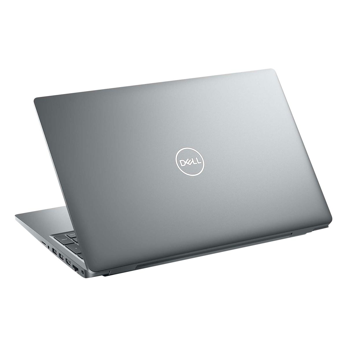 Zamknięty, srebrny laptop Dell z logo Dell na pokrywie.