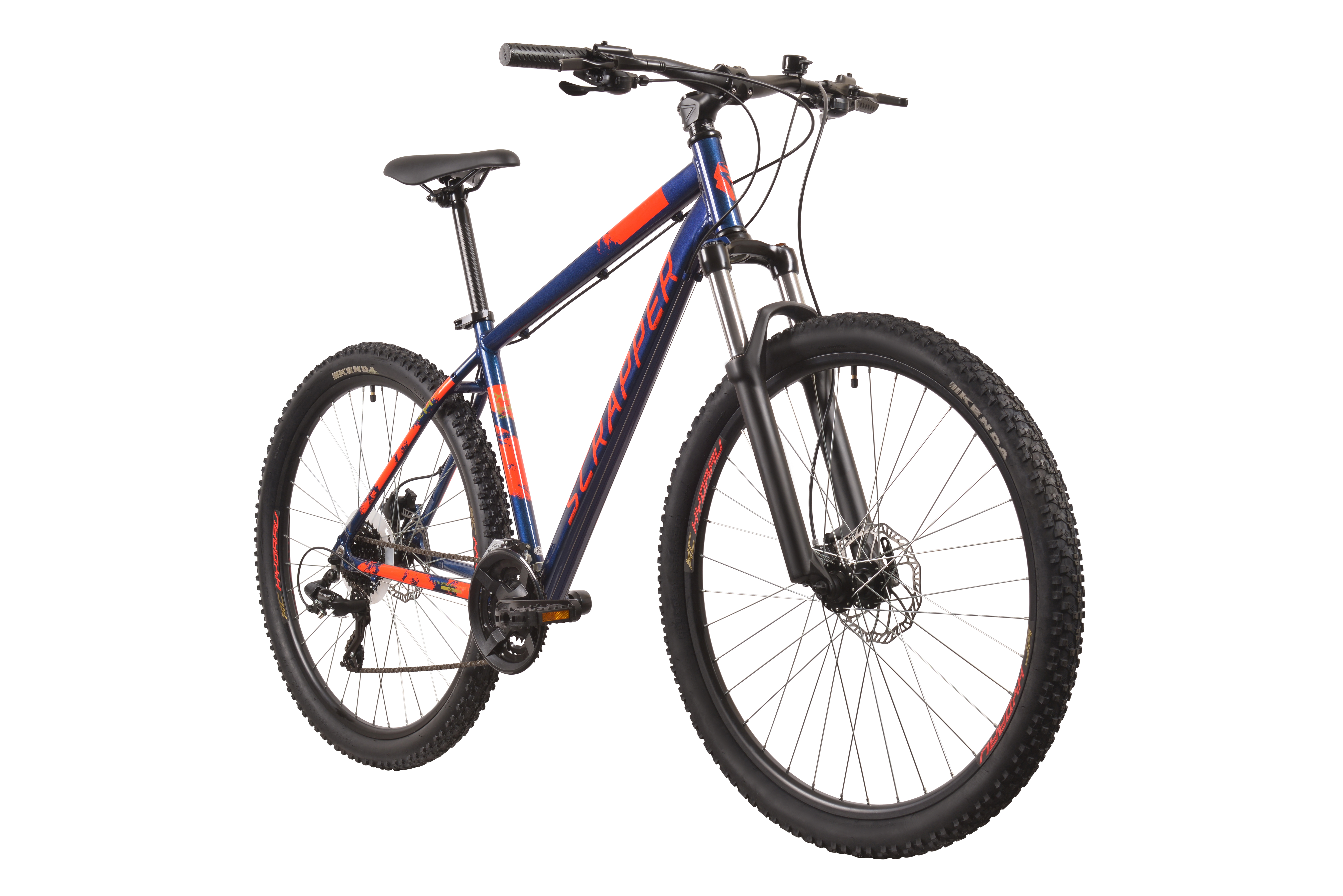 Ciemnoniebieski rower górski z pomarańczowymi akcentami i hamulcami tarczowymi.