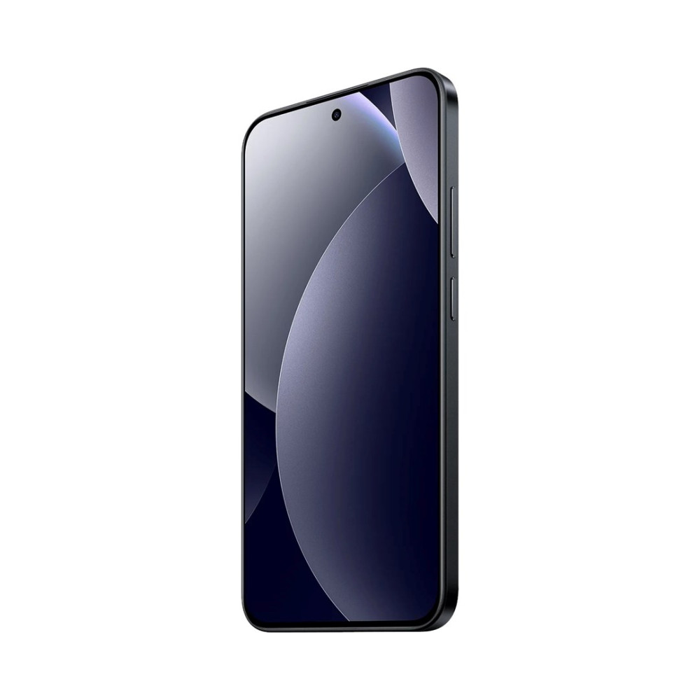 Czarny smartfon z ciemnym tłem pokazany z boku.