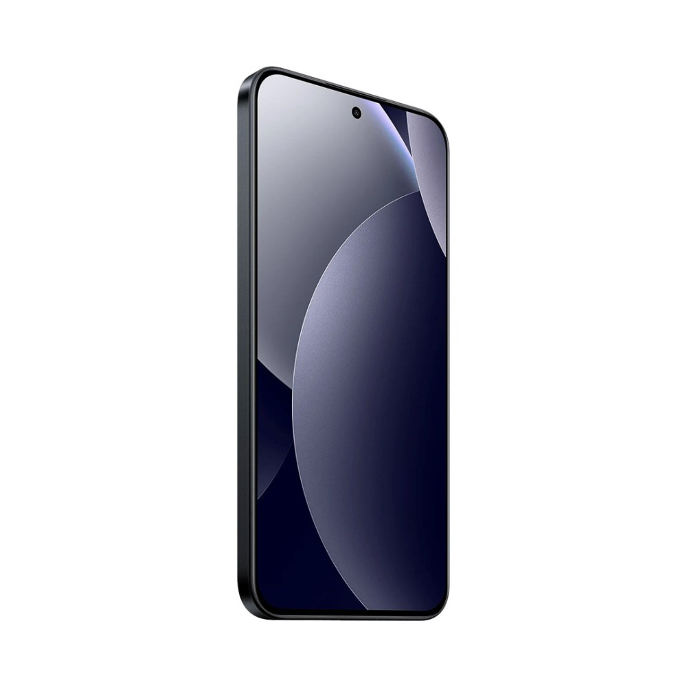 Czarny smartfon z ciemnym, abstrakcyjnym tłem na ekranie.