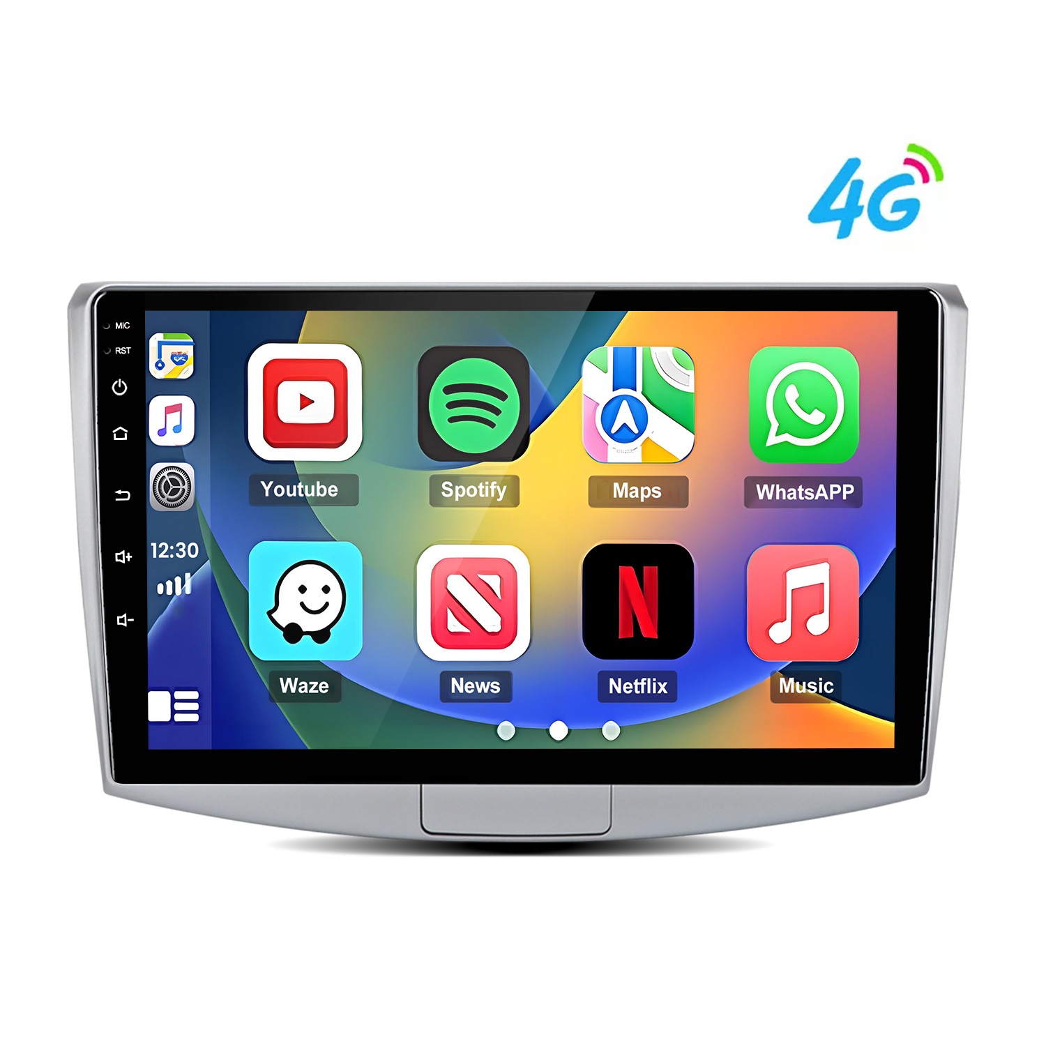 Ein Autoradio-Bildschirm mit Apps wie YouTube, Spotify, Maps, WhatsApp, Waze, News, Netflix, Musik.