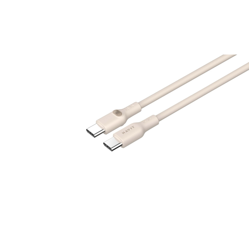 Dwa beżowe kable USB-C ze srebrnymi złączami na białym tle.