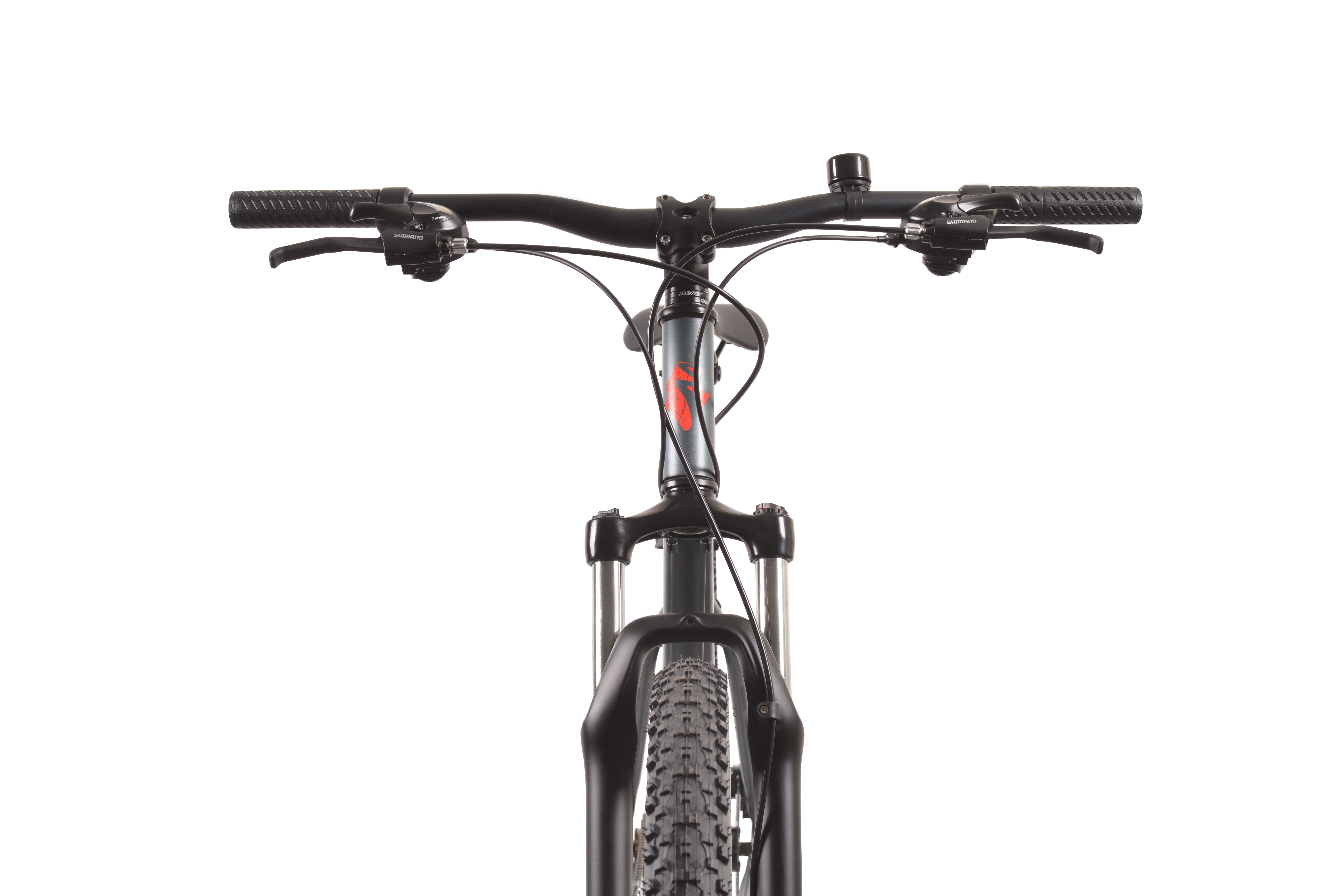 Widok z przodu szarego roweru z czarną kierownicą, hamulcami i oponami.