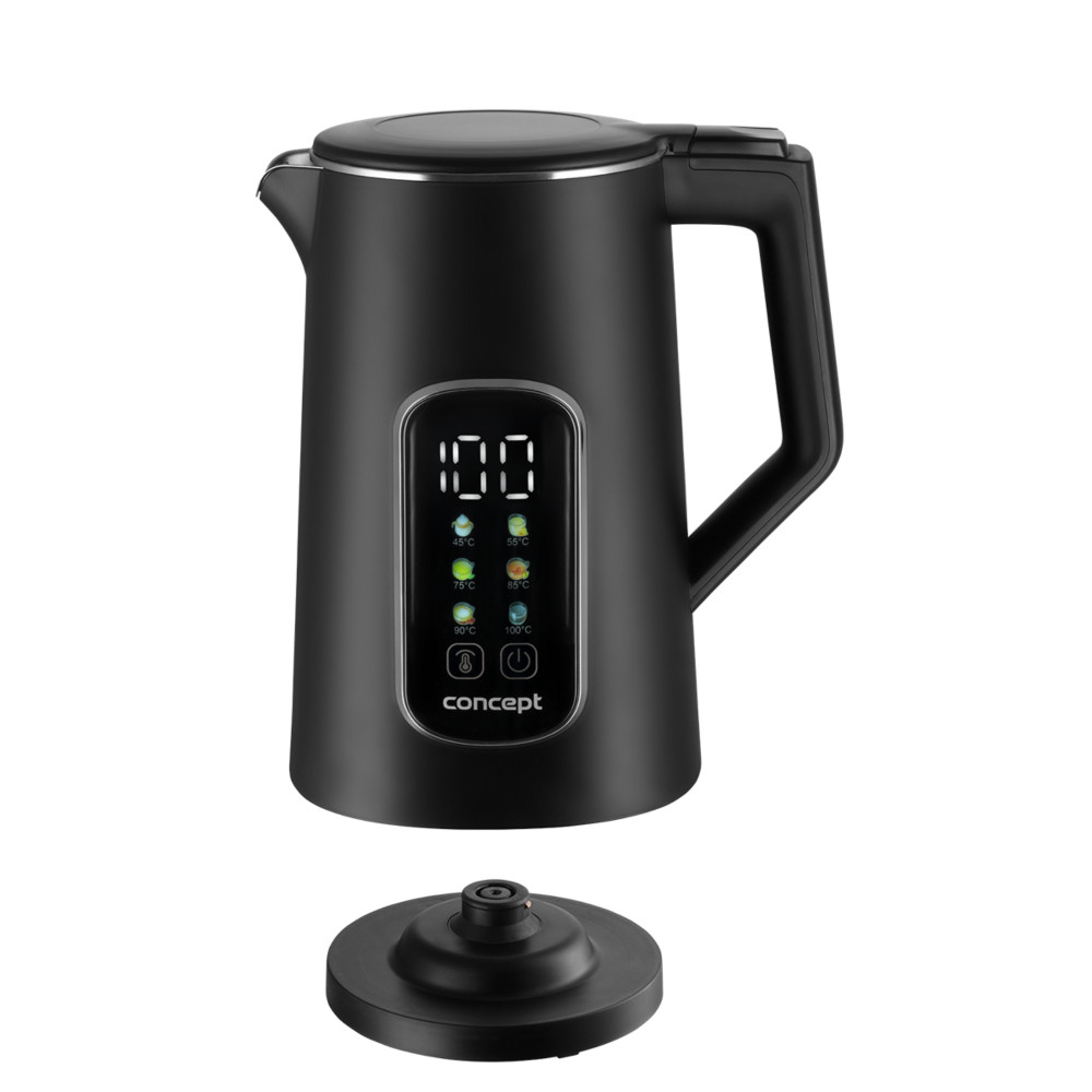 Czajnik elektryczny czarny z cyfrowym wyświetlaczem temperatury i bazą.