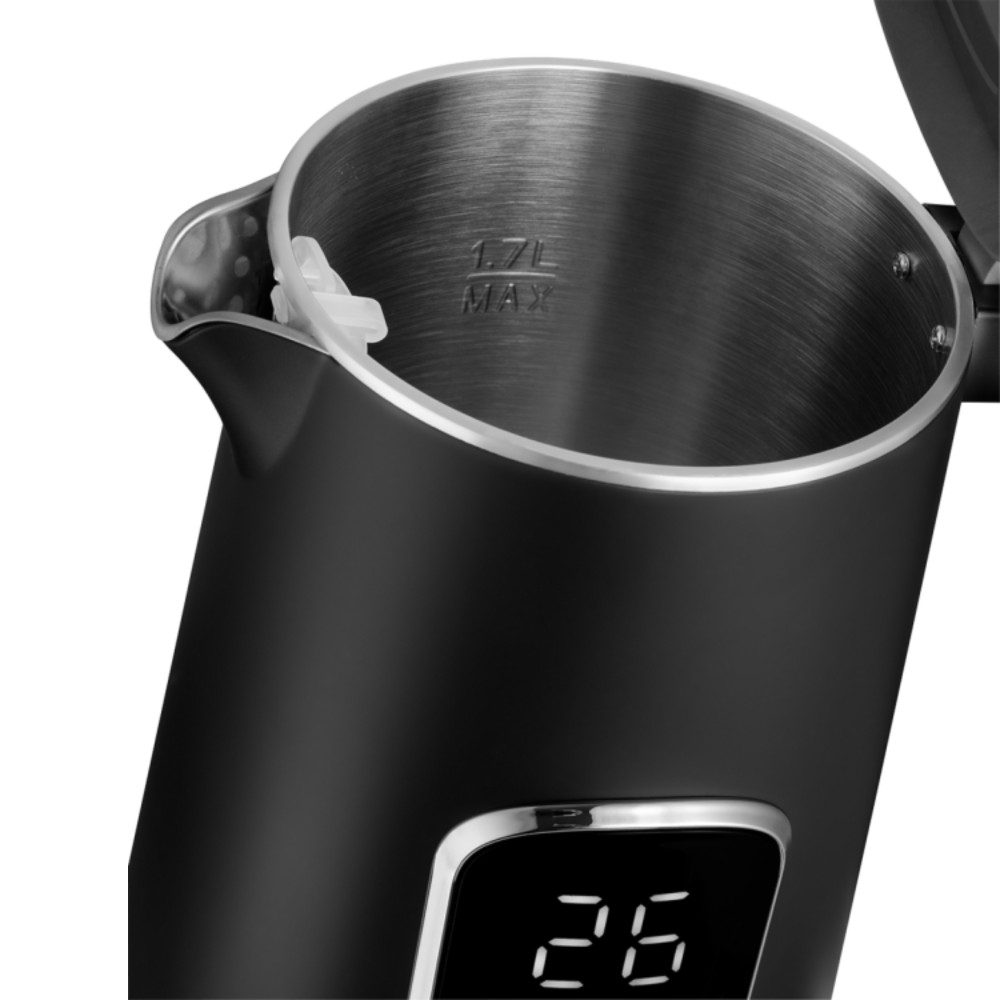 Czajnik elektryczny czarny z cyfrowym wyświetlaczem 26 i oznaczeniem 1,7L MAX.