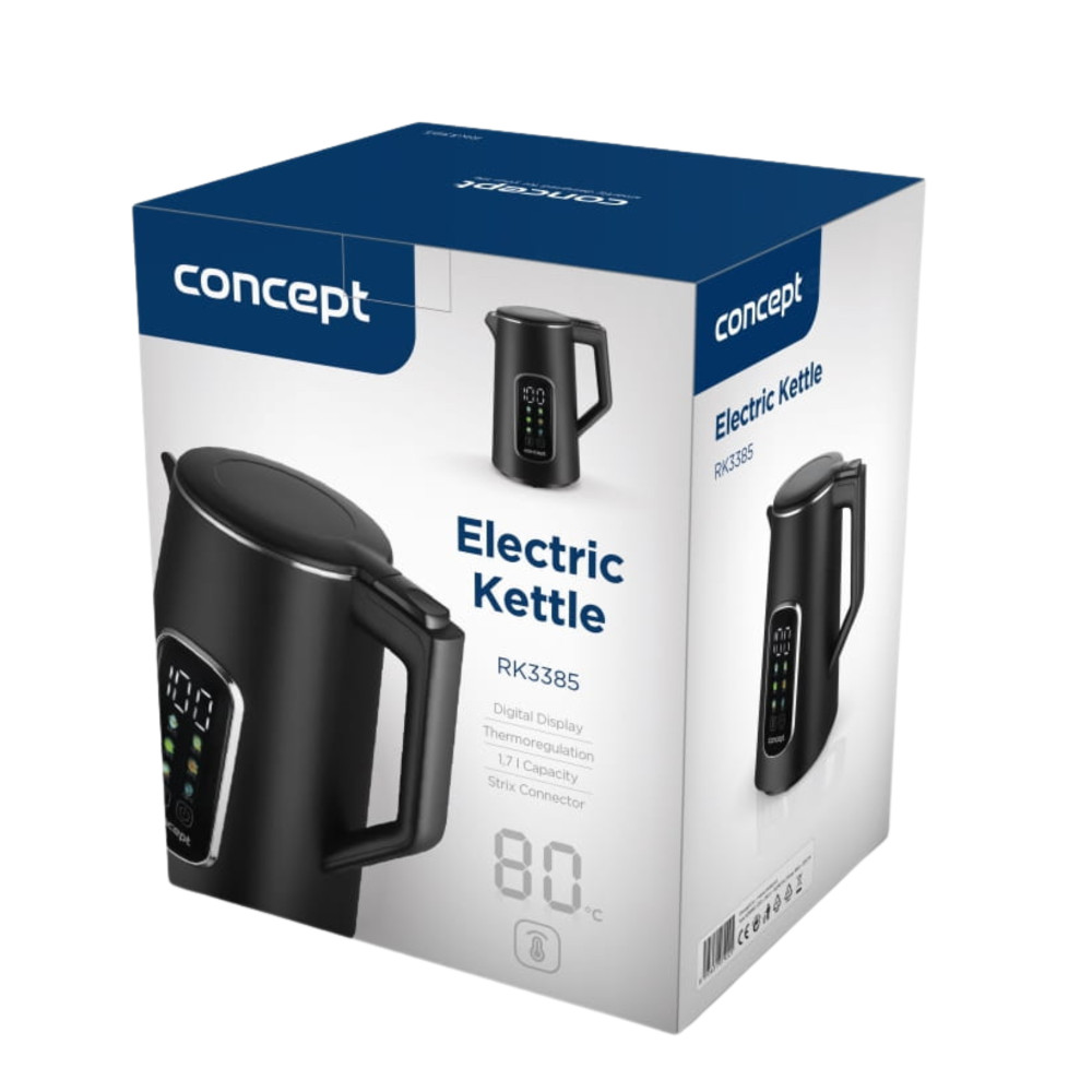 Czajnik elektryczny czarny z cyfrowym wyświetlaczem, 80°C, 1,7L.