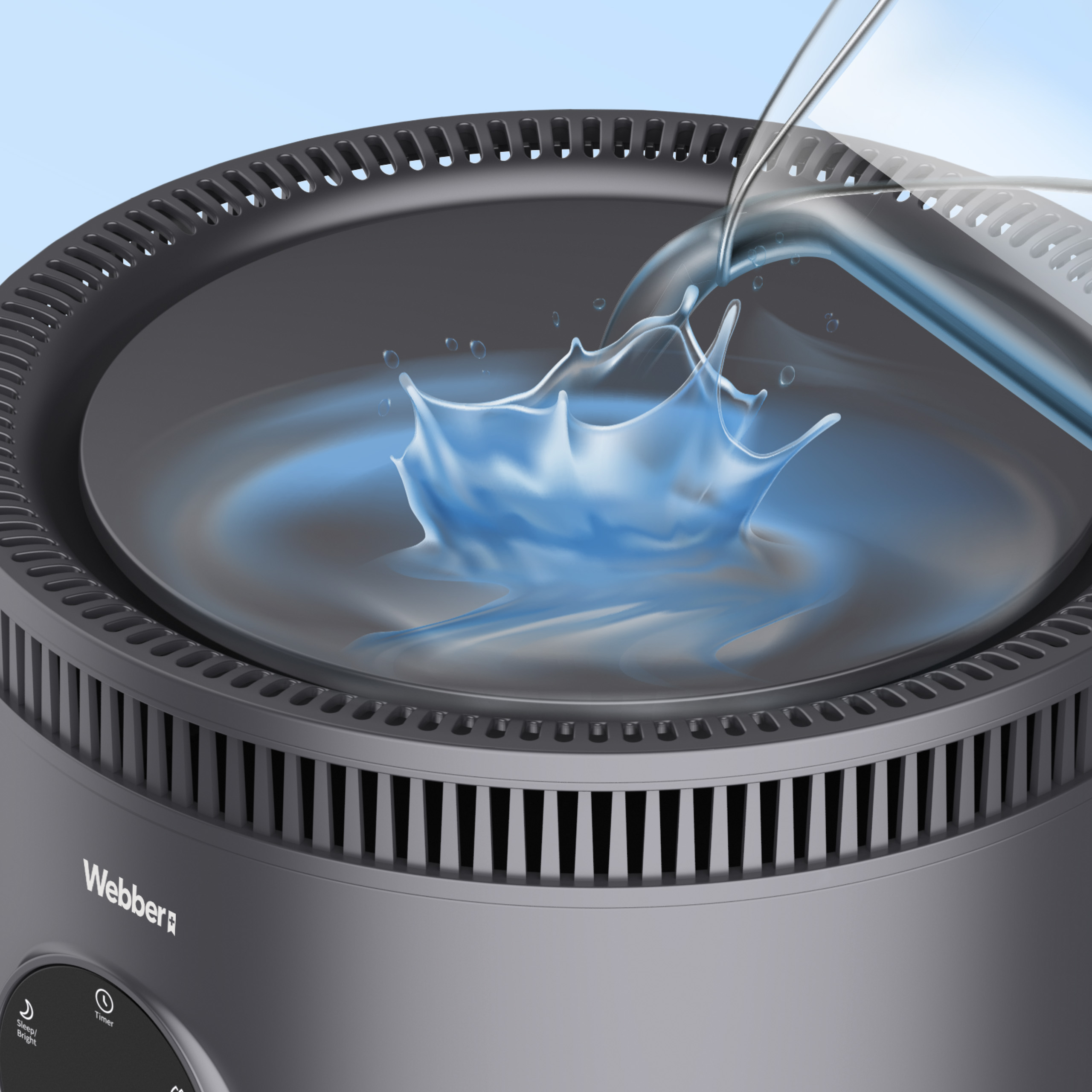 Woda rozpryskuje się w ciemnym urządzeniu z otworami wentylacyjnymi.