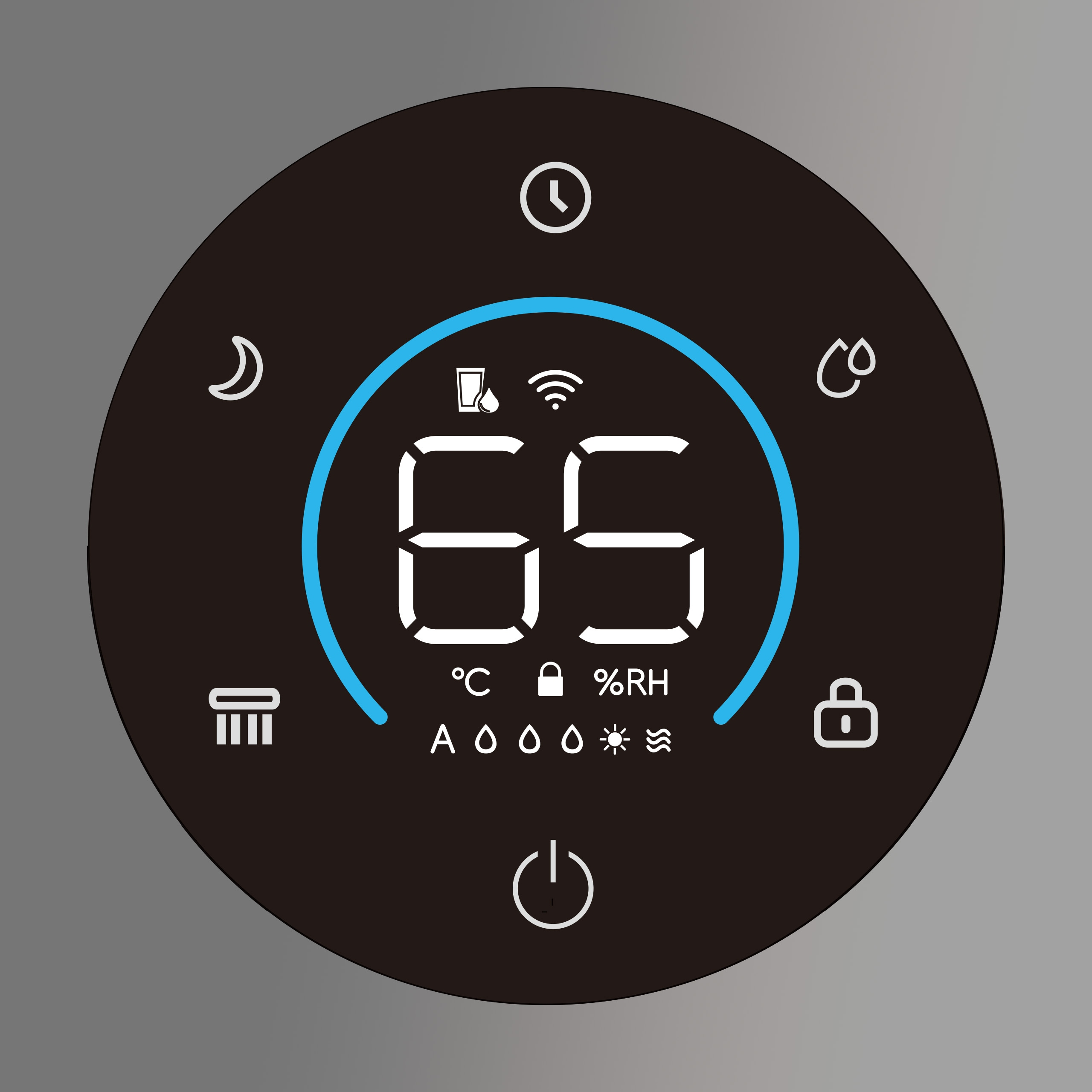 Wyświetlacz cyfrowy pokazuje 65 stopni Celsjusza i wilgotność, z ikonami.