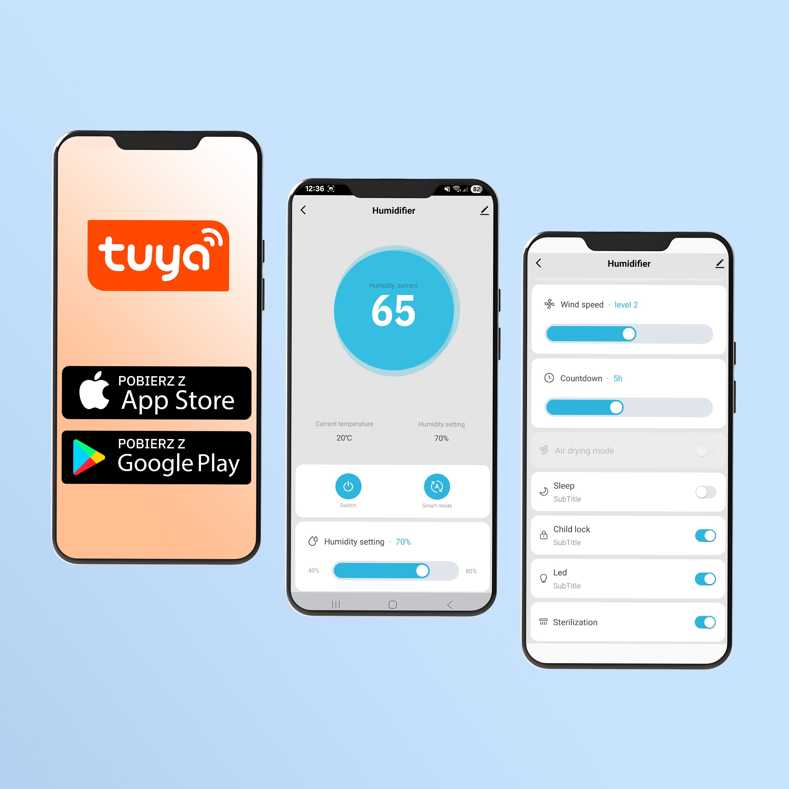 Trzy ekrany smartfonów pokazują aplikację Tuya do nawilżaczy.