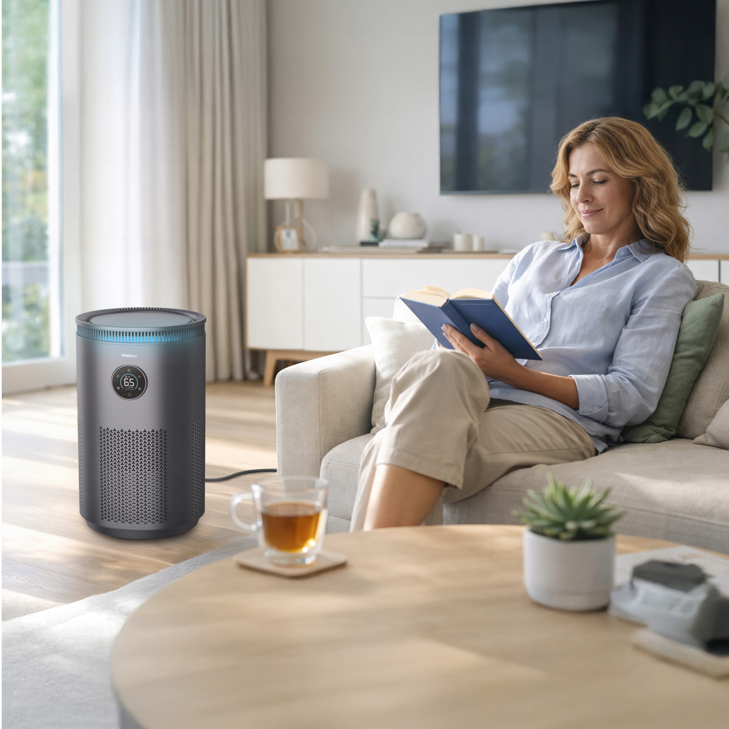 Kobieta czyta książkę w salonie z oczyszczaczem powietrza w pobliżu.