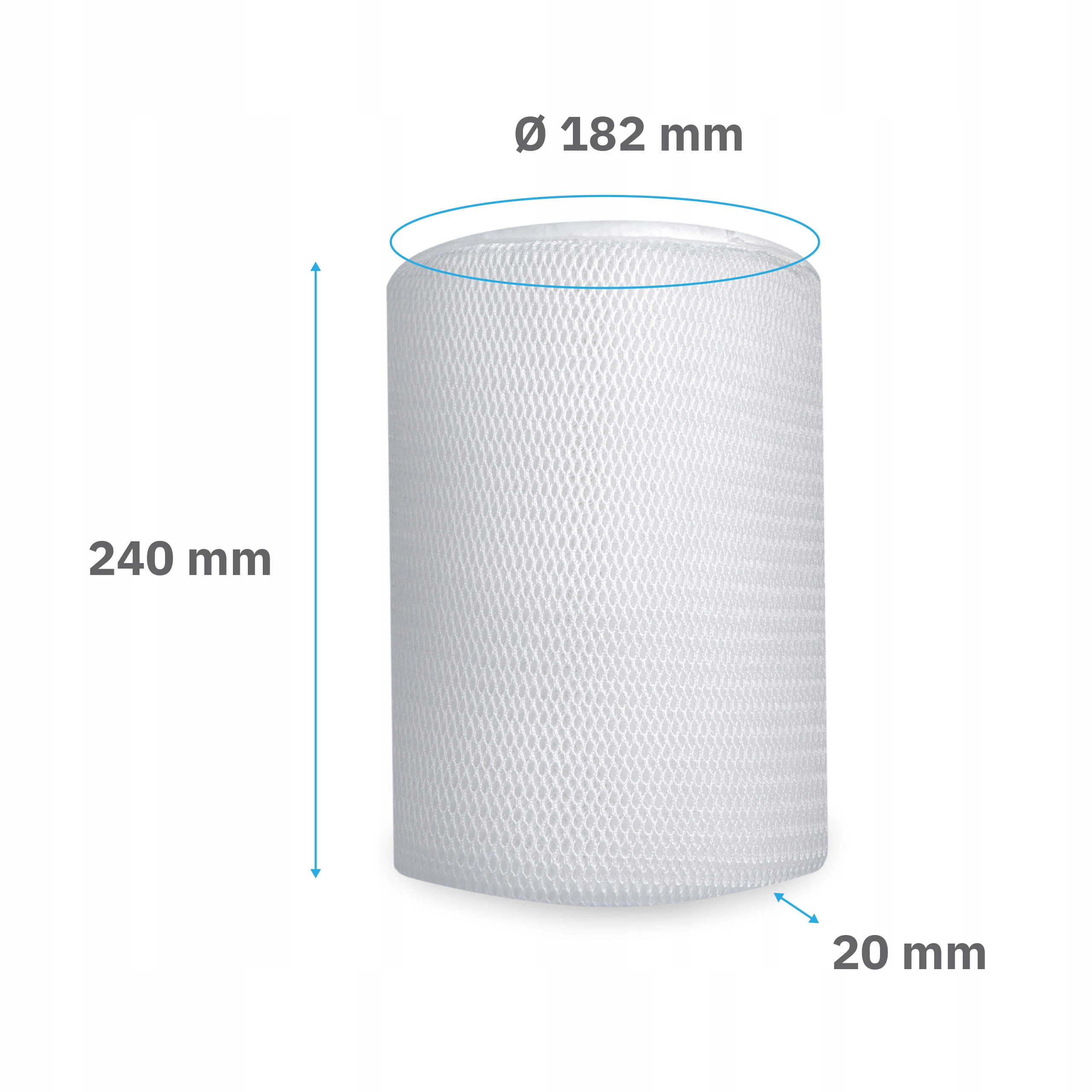 Biały cylinder siatkowy o wymiarach: wysokość 240 mm, [rednica 182 mm, grubość 20 mm.