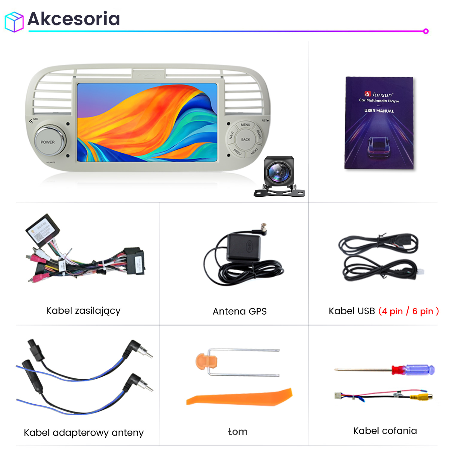 Akcesoria multimedialne do samochodu: radio, kamera, instrukcja, kable i narzędzia.