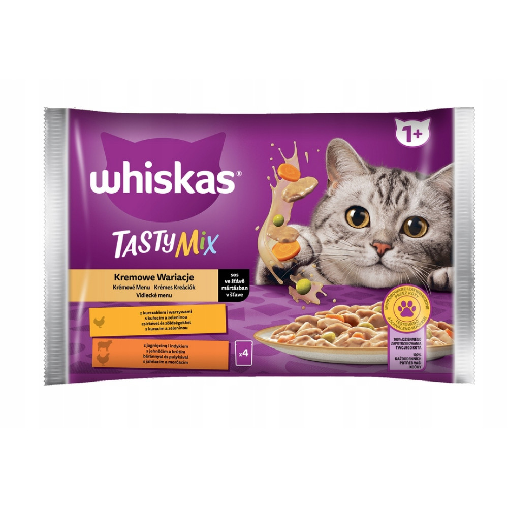 Comida para gatos Whiskas Tasty Mix con pollo, cordero y verduras. Un gato mira curioso.
