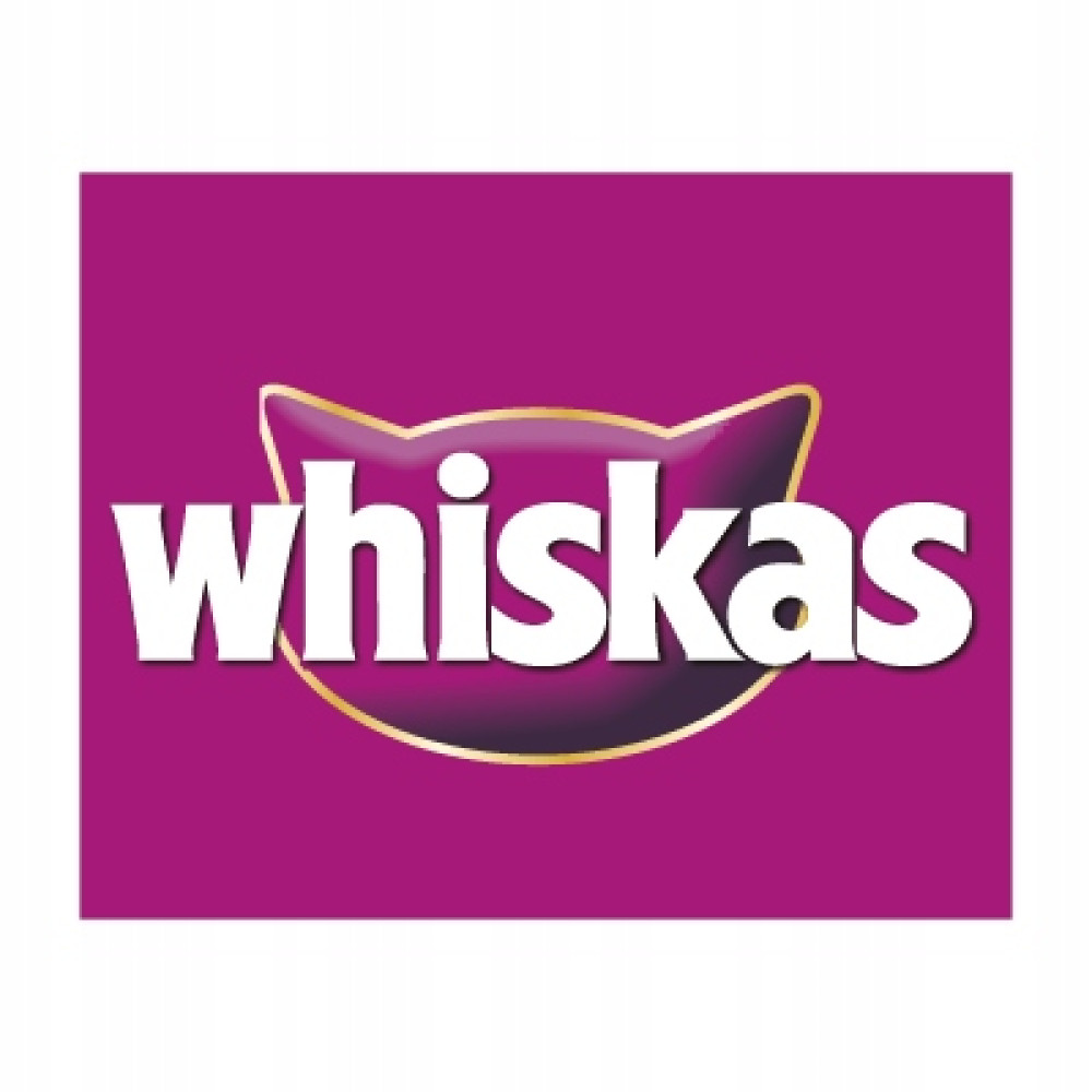 El logo de Whiskas sobre fondo morado con cara de gato estilizada.
