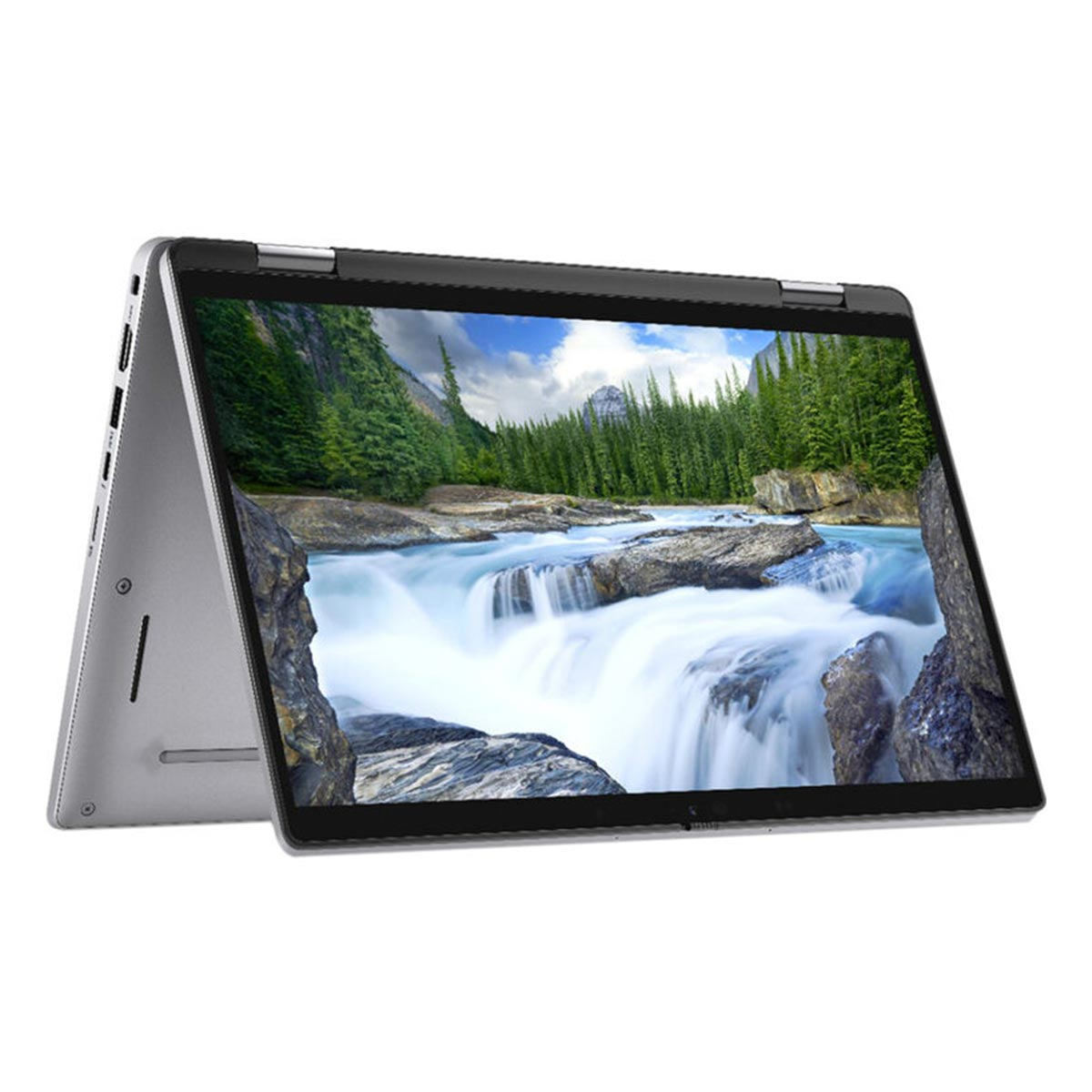 Srebrny laptop z otwartym ekranem pokazującym wodospad.