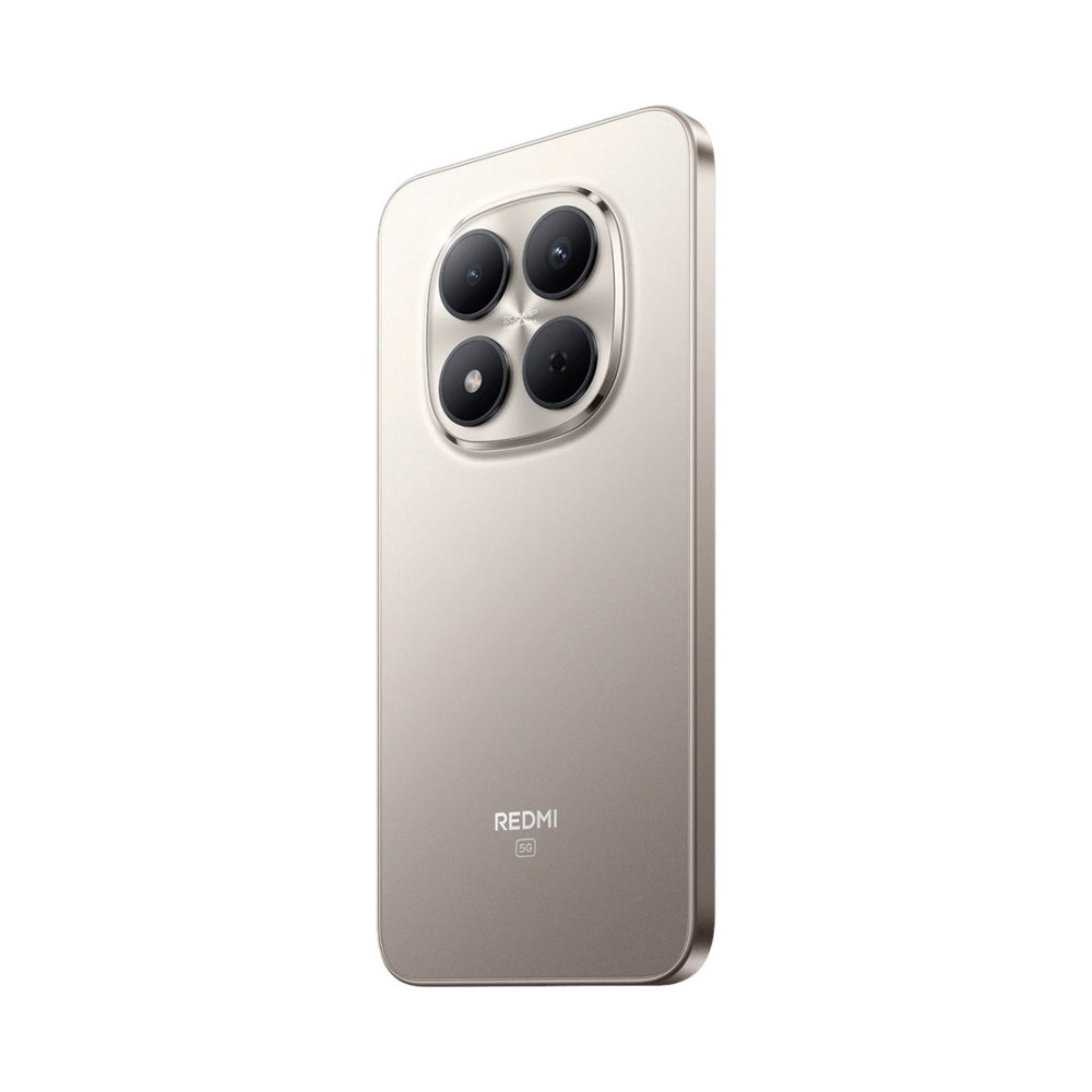 Uno smartphone beige con quattro fotocamere disposte a quadrato sul retro. Il logo REDMI 5G è visibile.