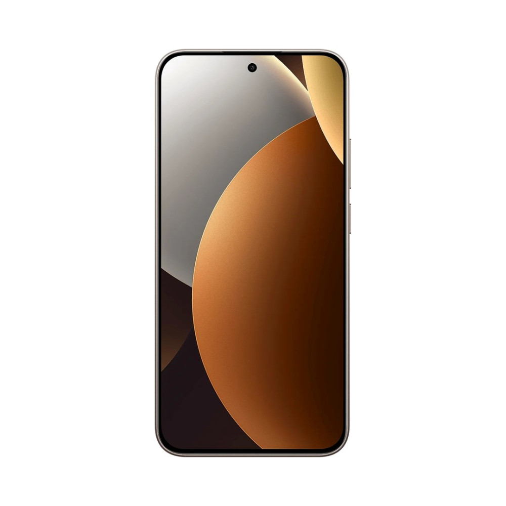 Uno smartphone argentato con uno sfondo astratto color bronzo.