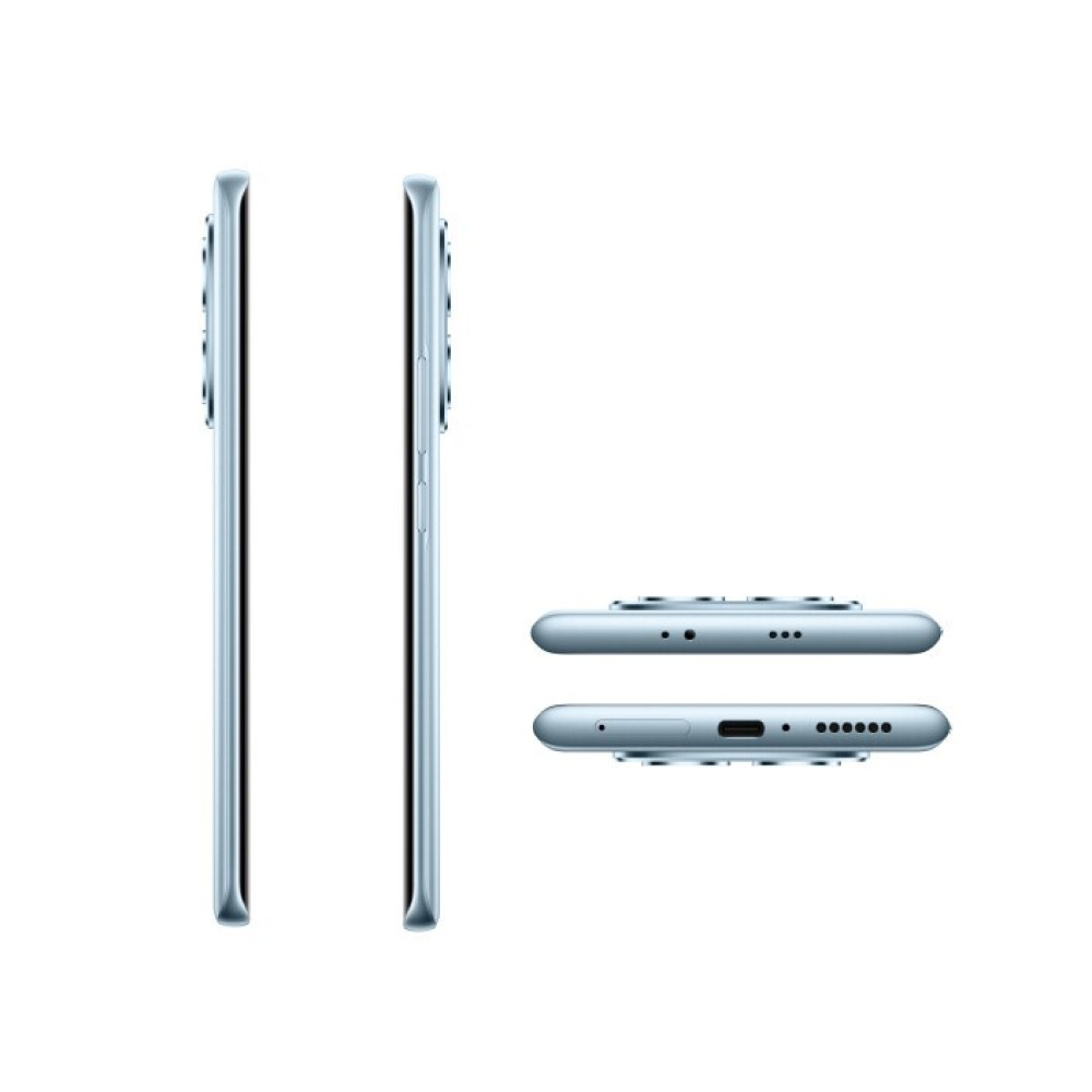 Jasnoniebieski smartfon pokazany z boku, od góry i od dołu, ze szczegółem kamery.