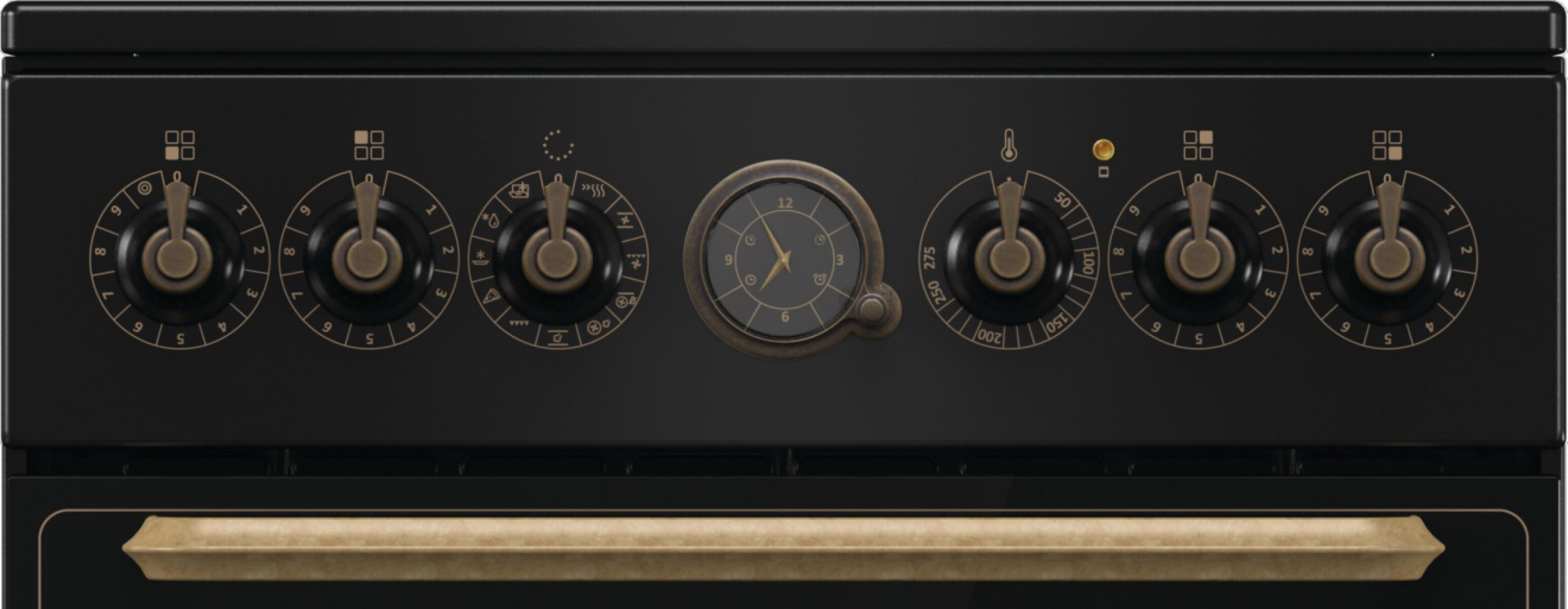 Pannello di controllo forno nero con dettagli in bronzo, manopole e timer.