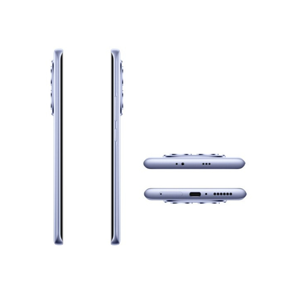 Jasnoniebieski smartfon z tylnymi aparatami, widok z boku i od dołu.