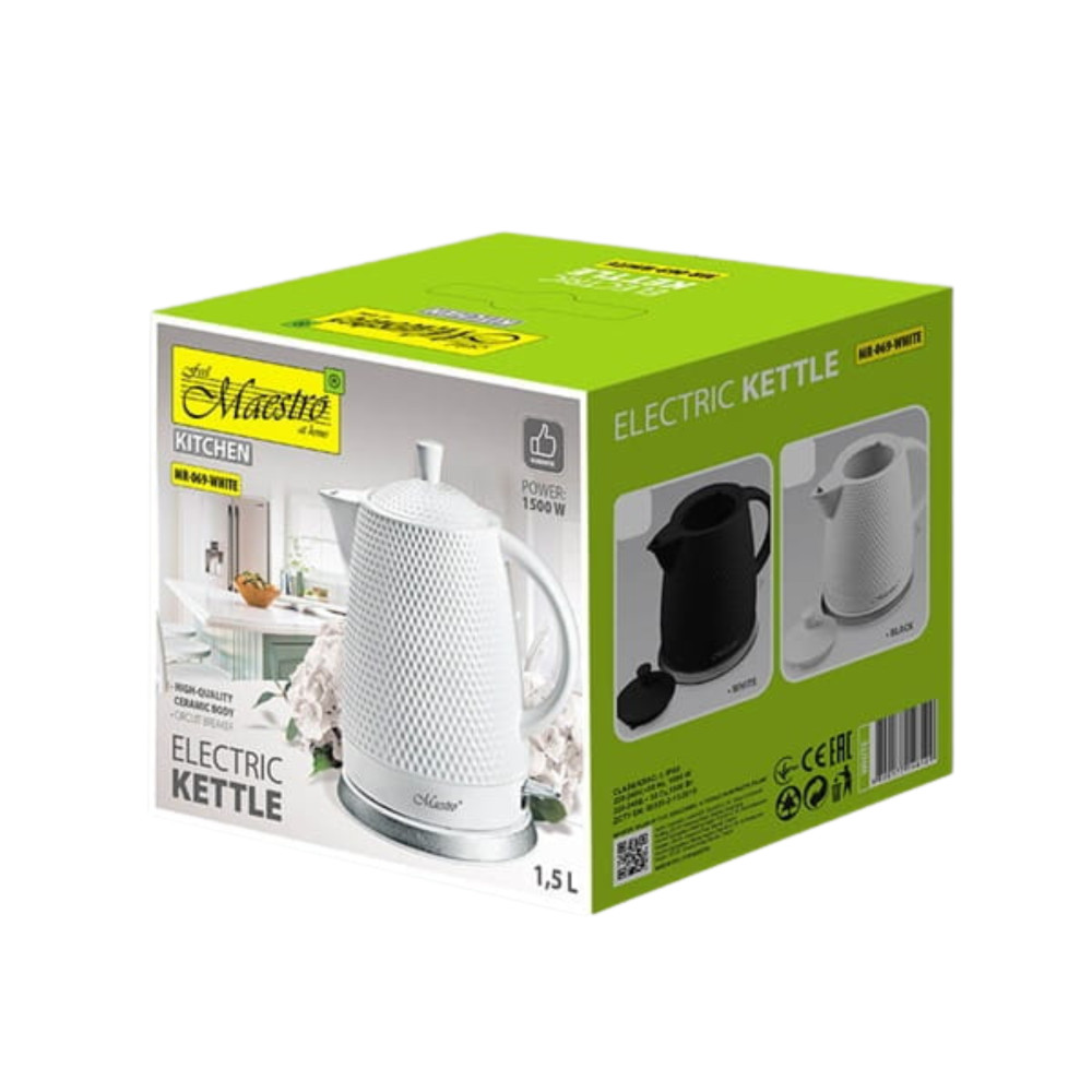 Białe pudełko czajnika elektrycznego ceramicznego z czarnymi i białymi czajnikami.