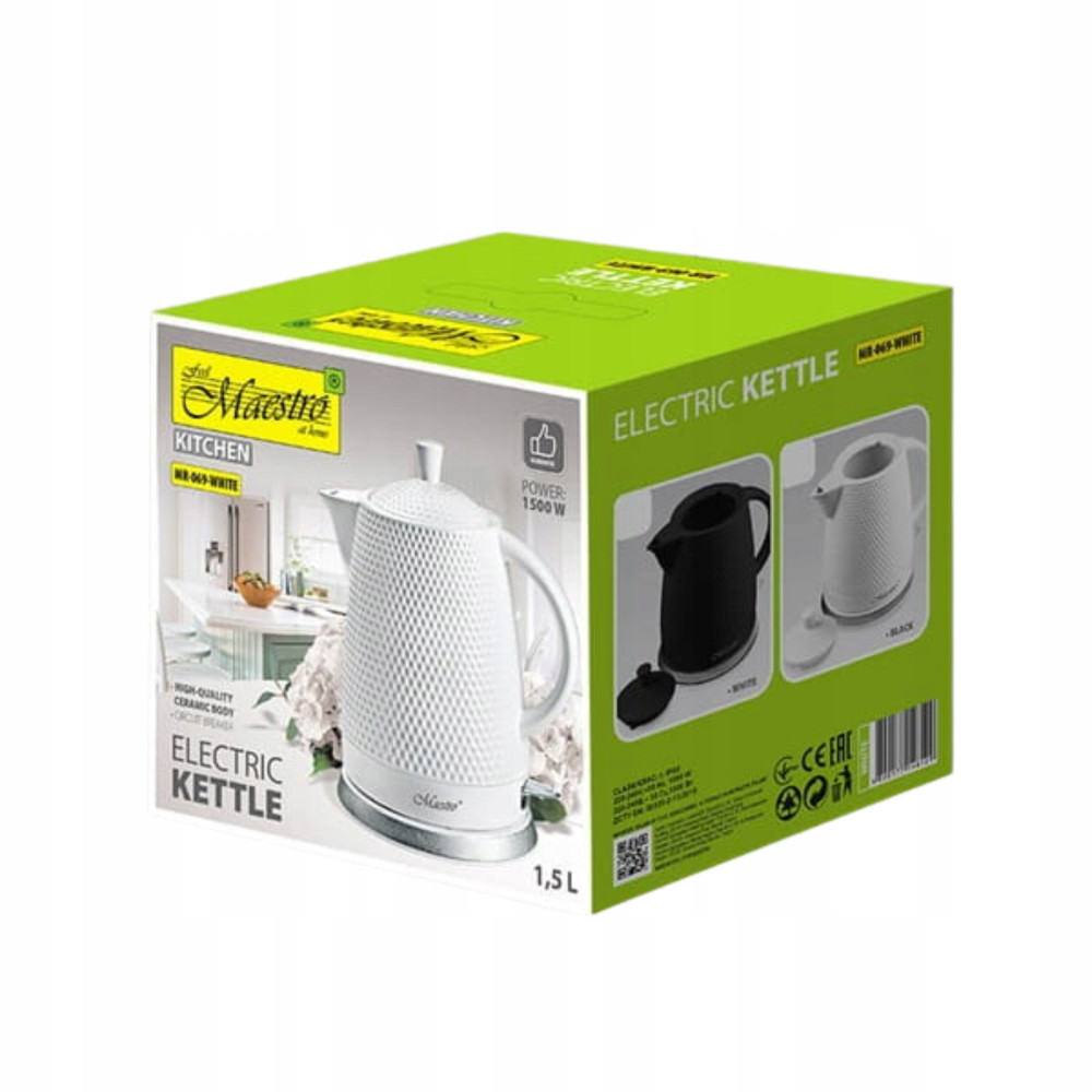Pudełko białego czajnika elektrycznego 1,5L z logo Maestro i zdjęciami produktu.