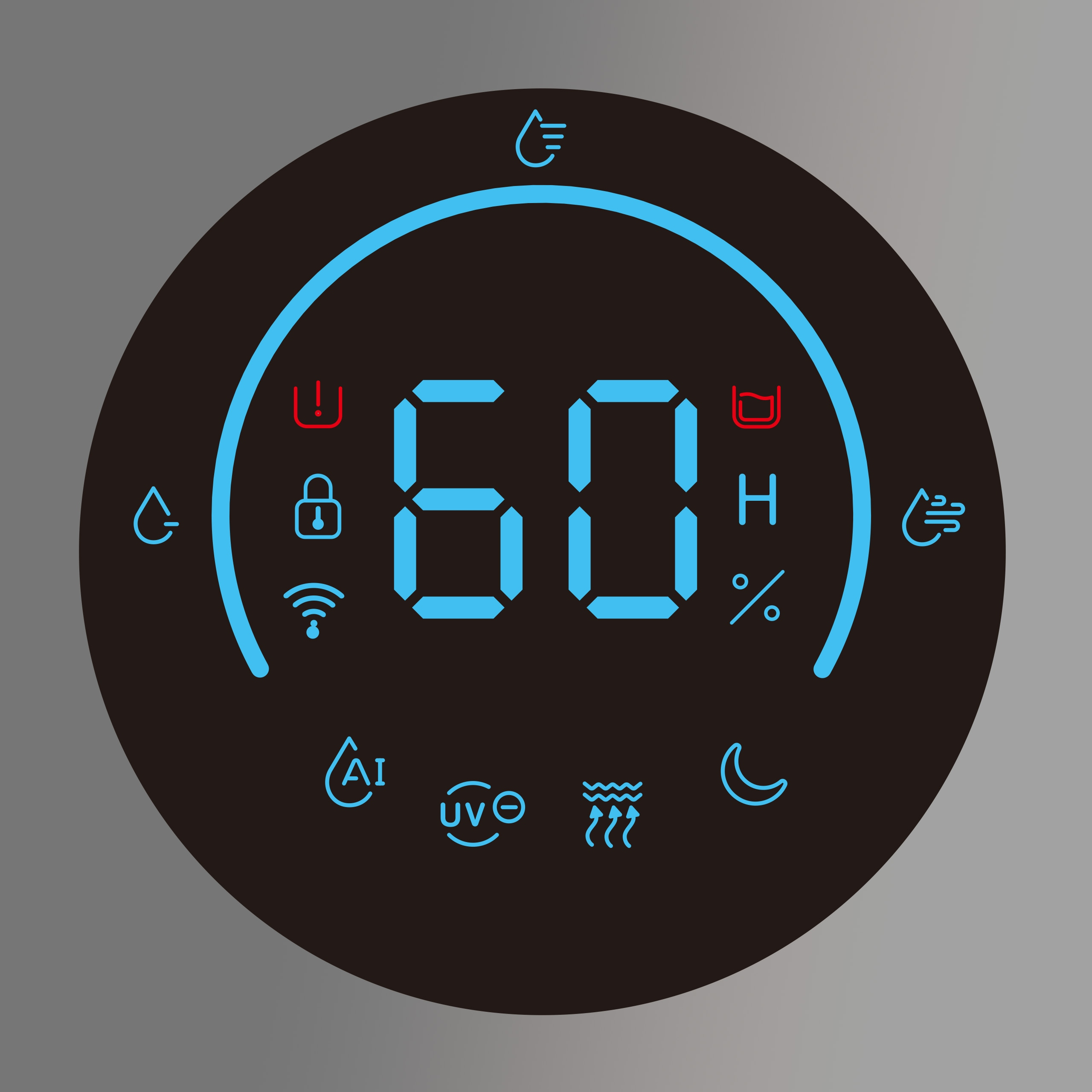 Wyświetlacz cyfrowy z liczbą 60 i ikonami wody, WiFi, zamka, UV, fal, księżyca, ostrzeżenia.