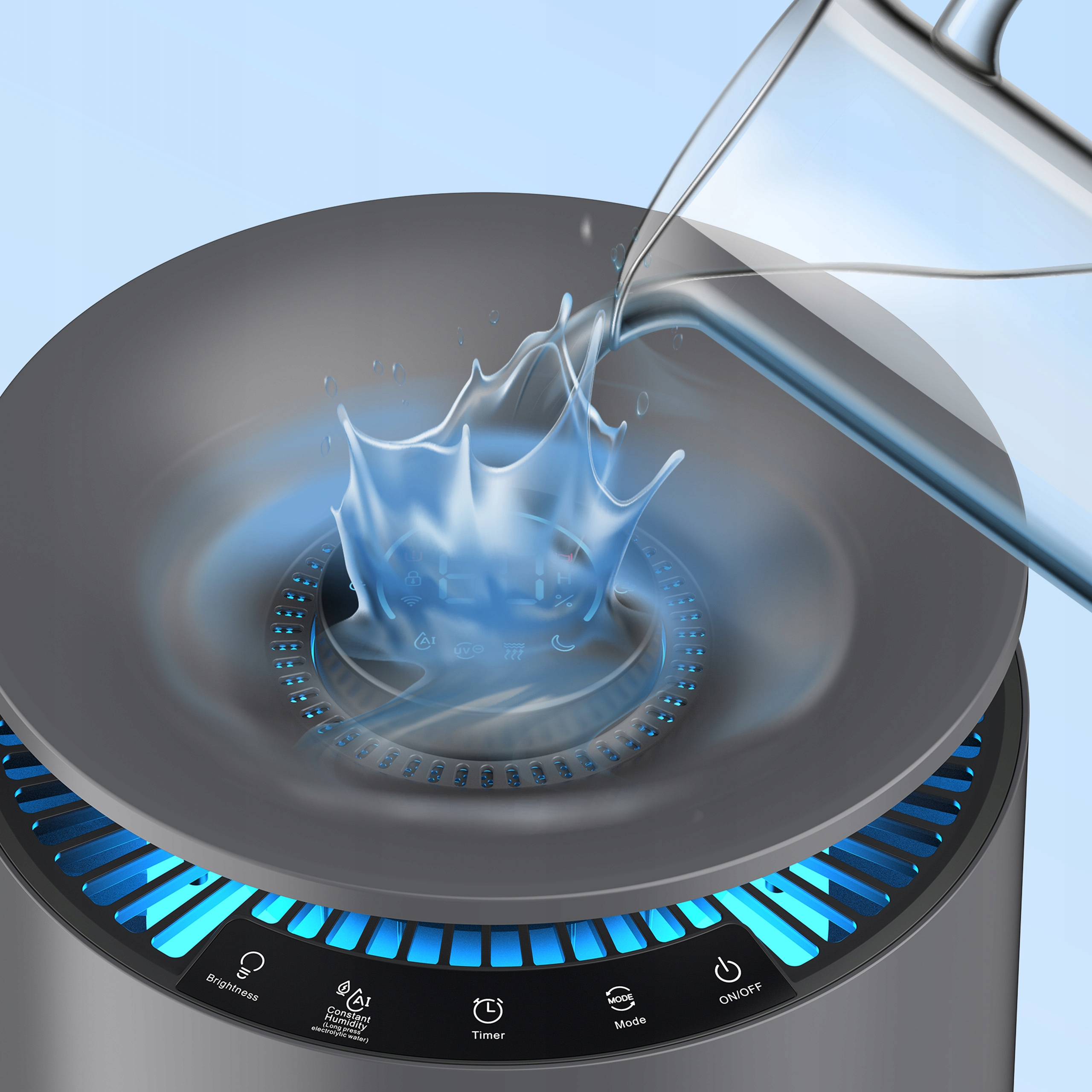 Woda jest wlewana do oczyszczacza powietrza świecącego na niebiesko.