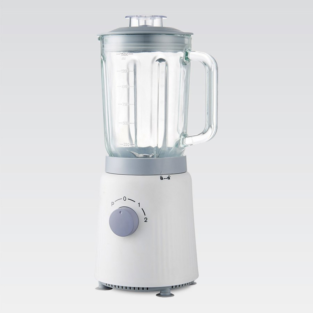 Biały blender ze szklanym dzbankiem, szarą pokrywką i pokrętłem.