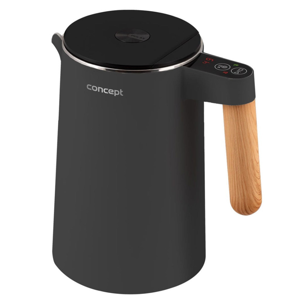 Czajnik elektryczny z drewnianym uchwytem i cyfrowym wyświetlaczem.