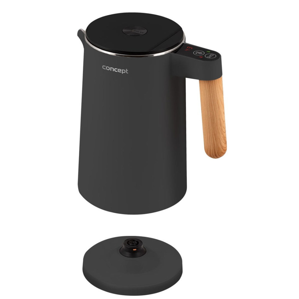 Czajnik czarny z drewnianym uchwytem i osobną podstawą na białym tle.