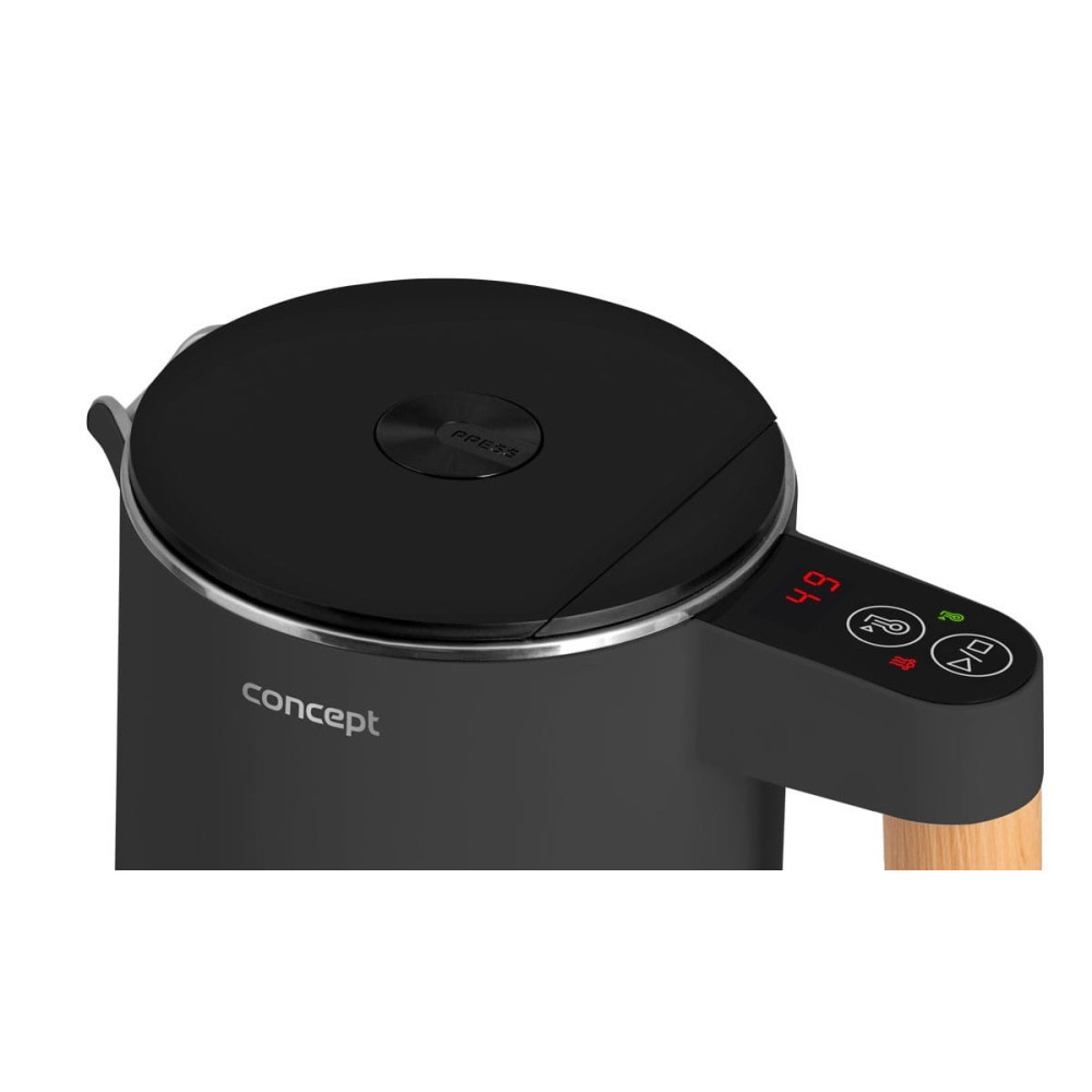 Czajnik elektryczny czarny z drewnianym uchwytem i cyfrowym wskaźnikiem.