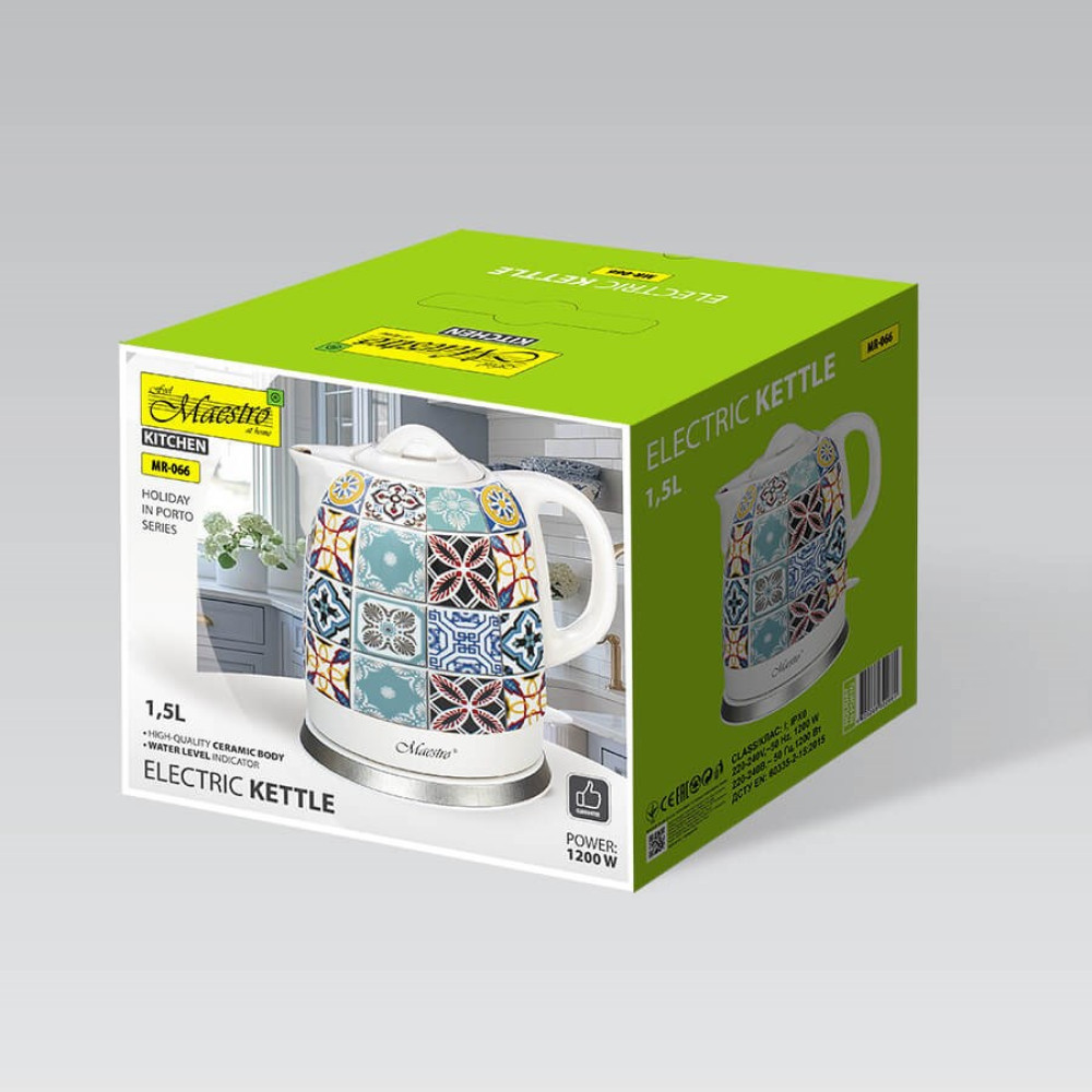 Czajnik elektryczny z ceramicznym korpusem i wzorem płytek, 1,5 l, 1200 W.