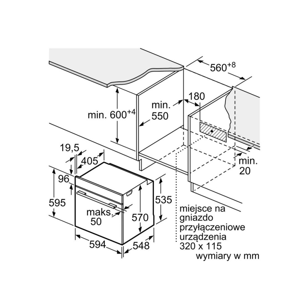 Rysunek techniczny piekarnika do zabudowy z wymiarami w mm. Pokazuje otwór montażowy i wymiary.