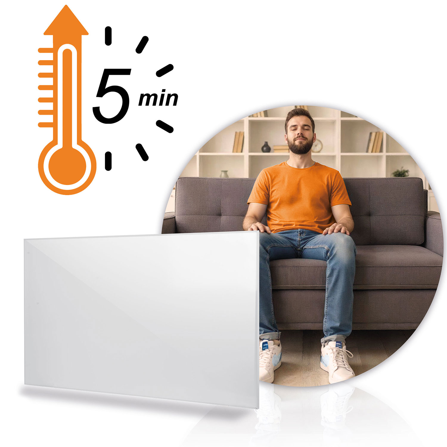 Mężczyzna siedzi na kanapie obok grzejnika. Termometr wskazuje 5 min.