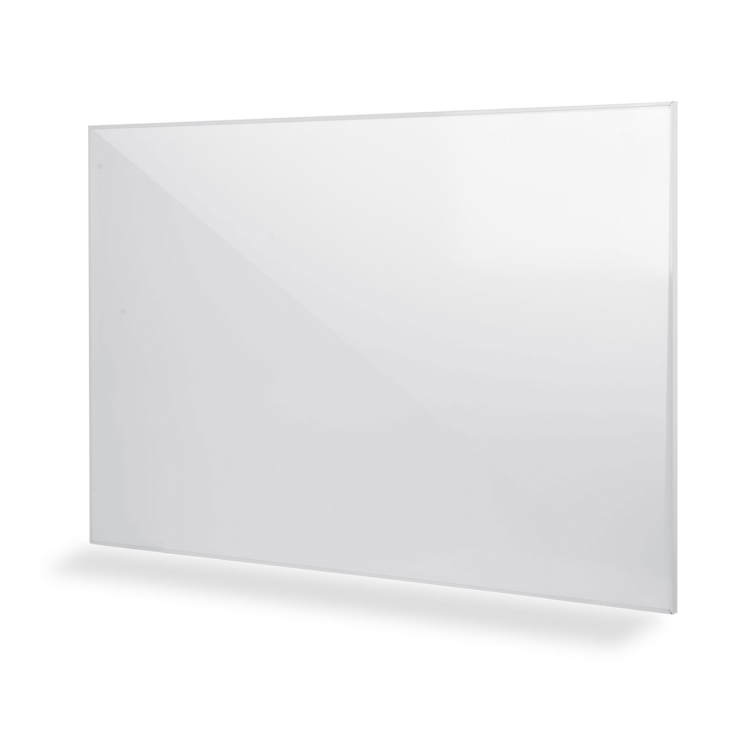 Biała, prostokątna tablica z cienką srebrną ramką na białym tle.