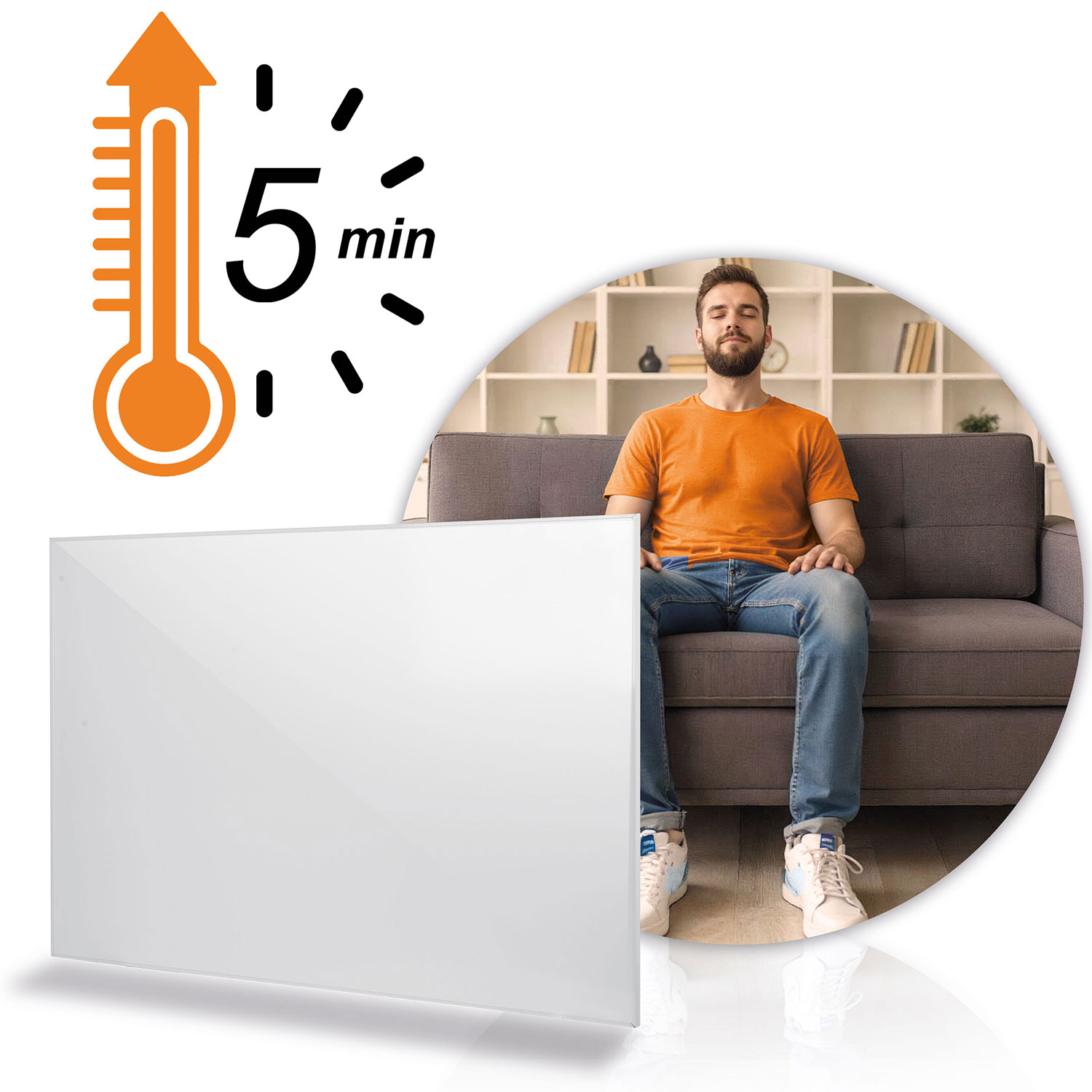 Mężczyzna siedzi na kanapie przed grzejnikiem; termometr pokazuje 5 min.
