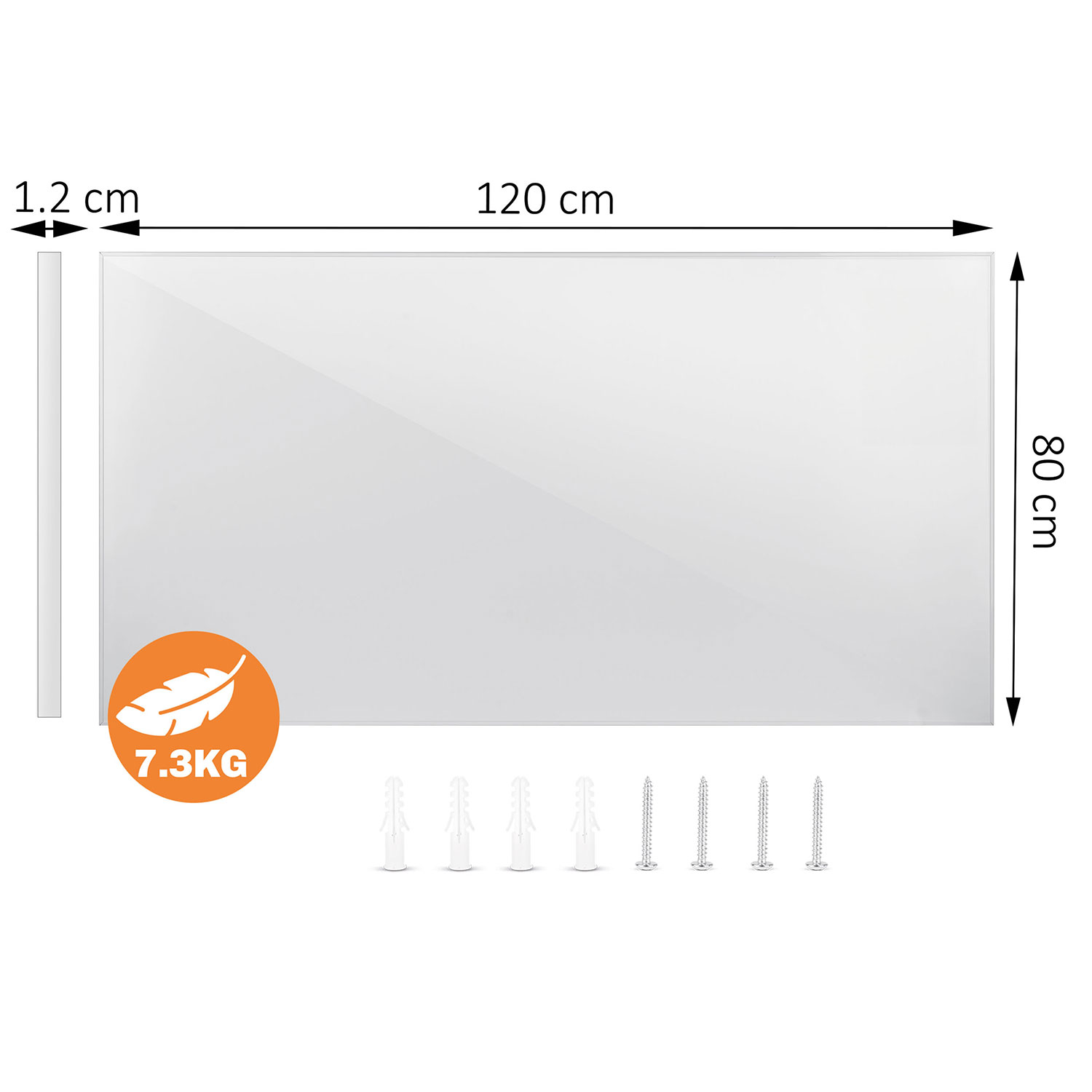 Biała tablica 120x80cm, grubość 1.2cm, waga 7.3kg, z kołkami i śrubami.