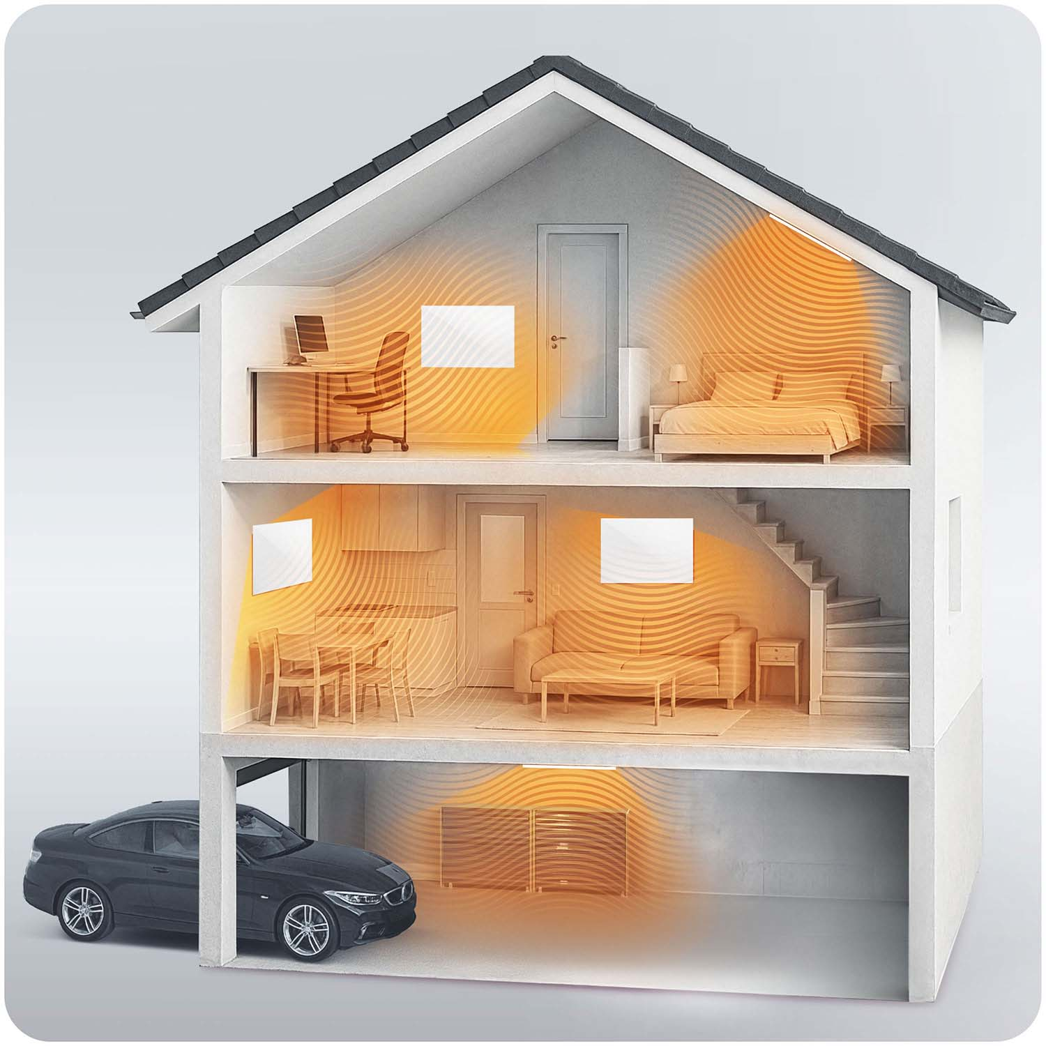 Przekrój domu pokazujący fale ciepła emanujące z grzejników w różnych pomieszczeniach.