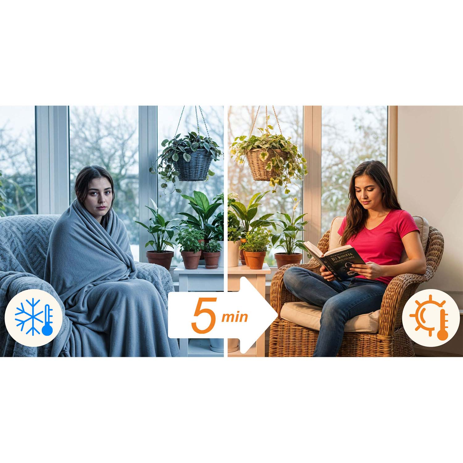 Kobieta zamarza w kocu, potem czyta w fotelu po 5 min.