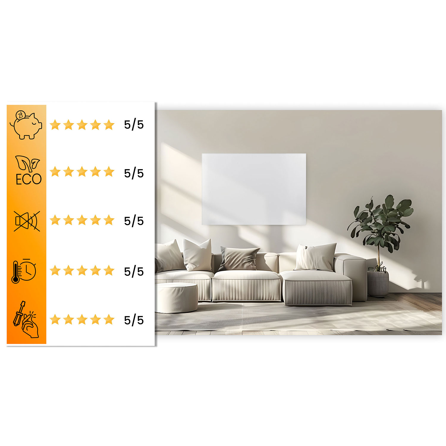 Salon z sofą, rośliną i recenzjami dotyczącymi budżetu, ekologii, hałasu, temperatury, łatwego montażu.