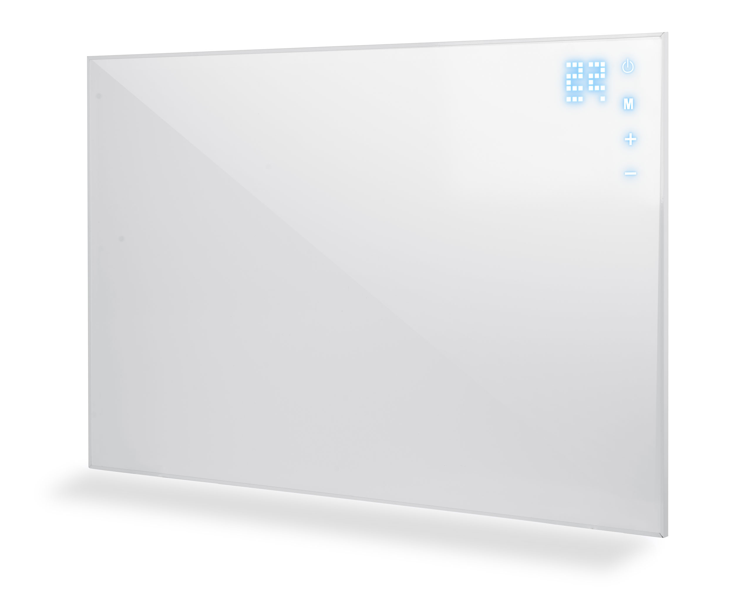 Biały panel grzewczy z cyfrowym wyświetlaczem pokazuje 22 stopnie. Widoczne kontrolki.