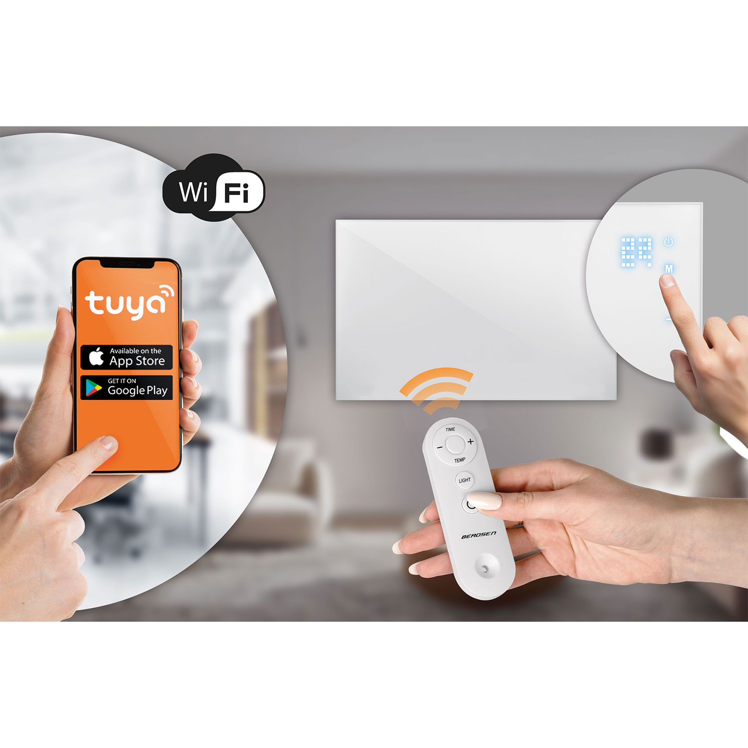 Smartfon z aplikacją Tuya, pilot i grzejnik.