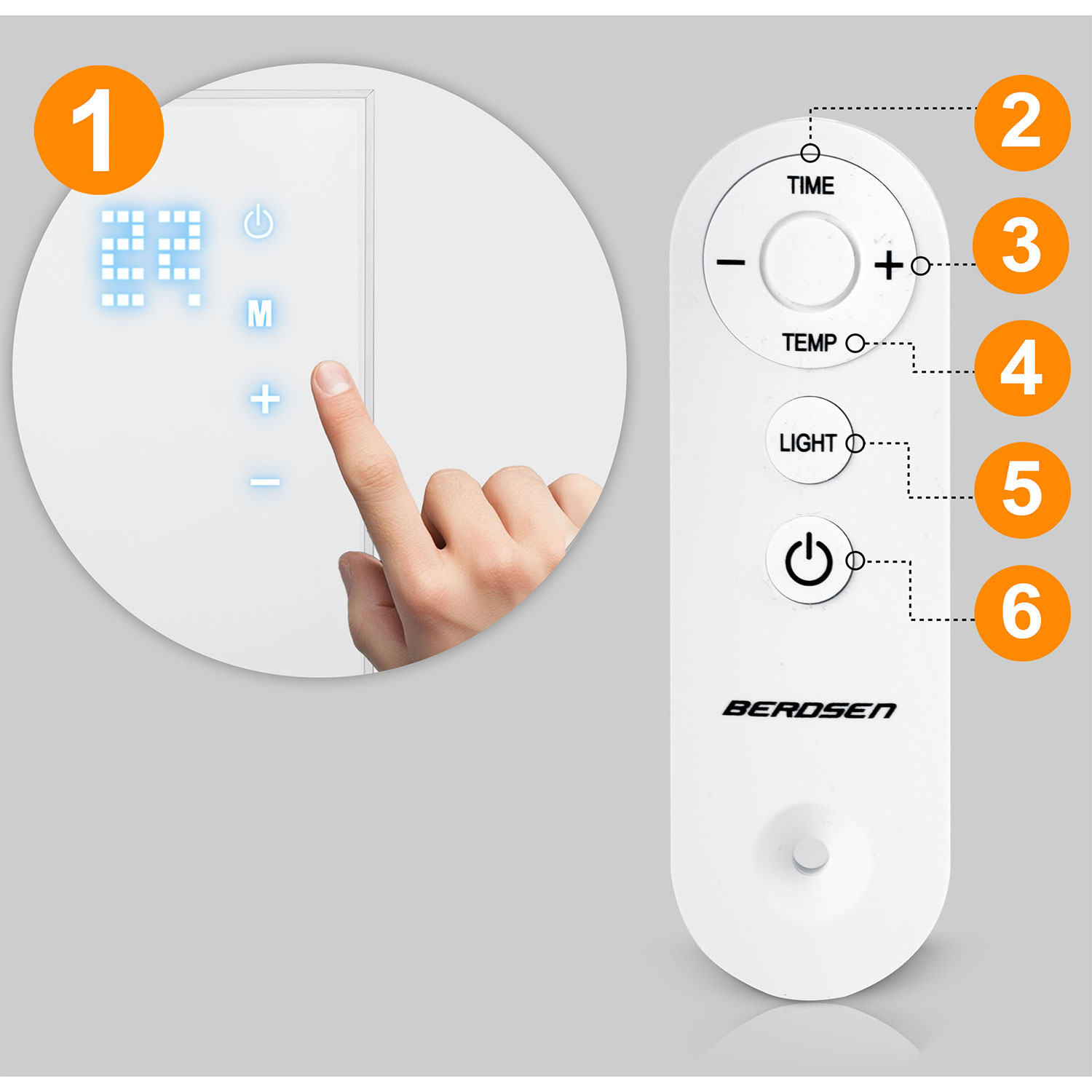 Palec dotyka cyfrowego wyświetlacza z cyframi i symbolami. Obok znajduje się pilot.