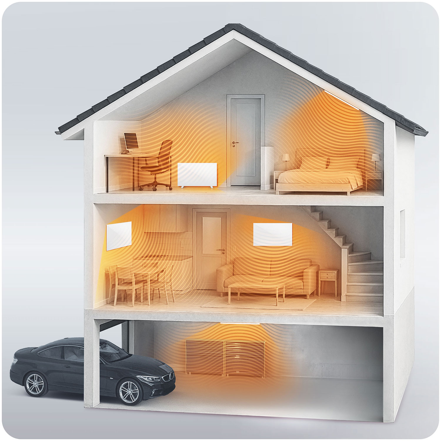 Przekrój domu pokazujący fale grzewcze rozchodzące się z grzejników.