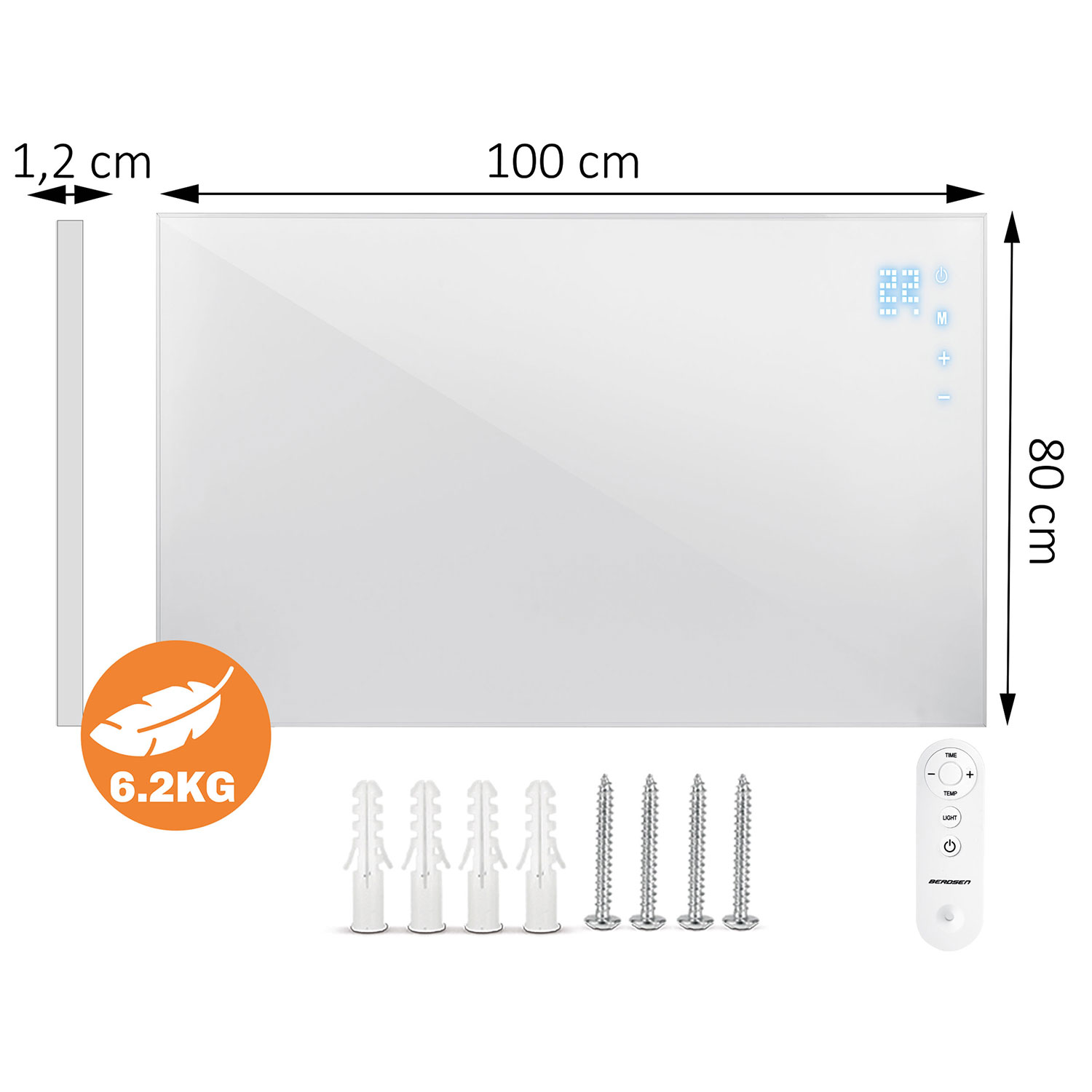 Biała grzałka 100x80cm, grubość 1,2cm, 6,2kg. W zestawie pilot i mocowania.