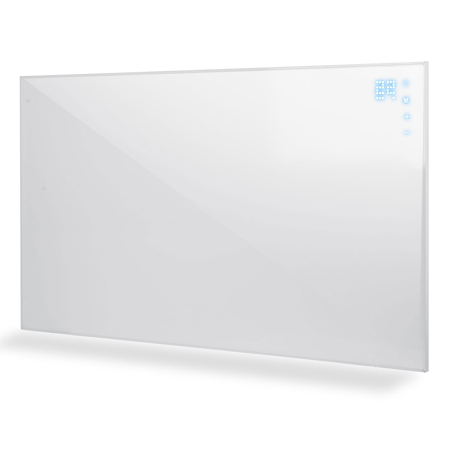 Biały panel grzewczy z cyfrowym wyświetlaczem i przyciskami sterowania.