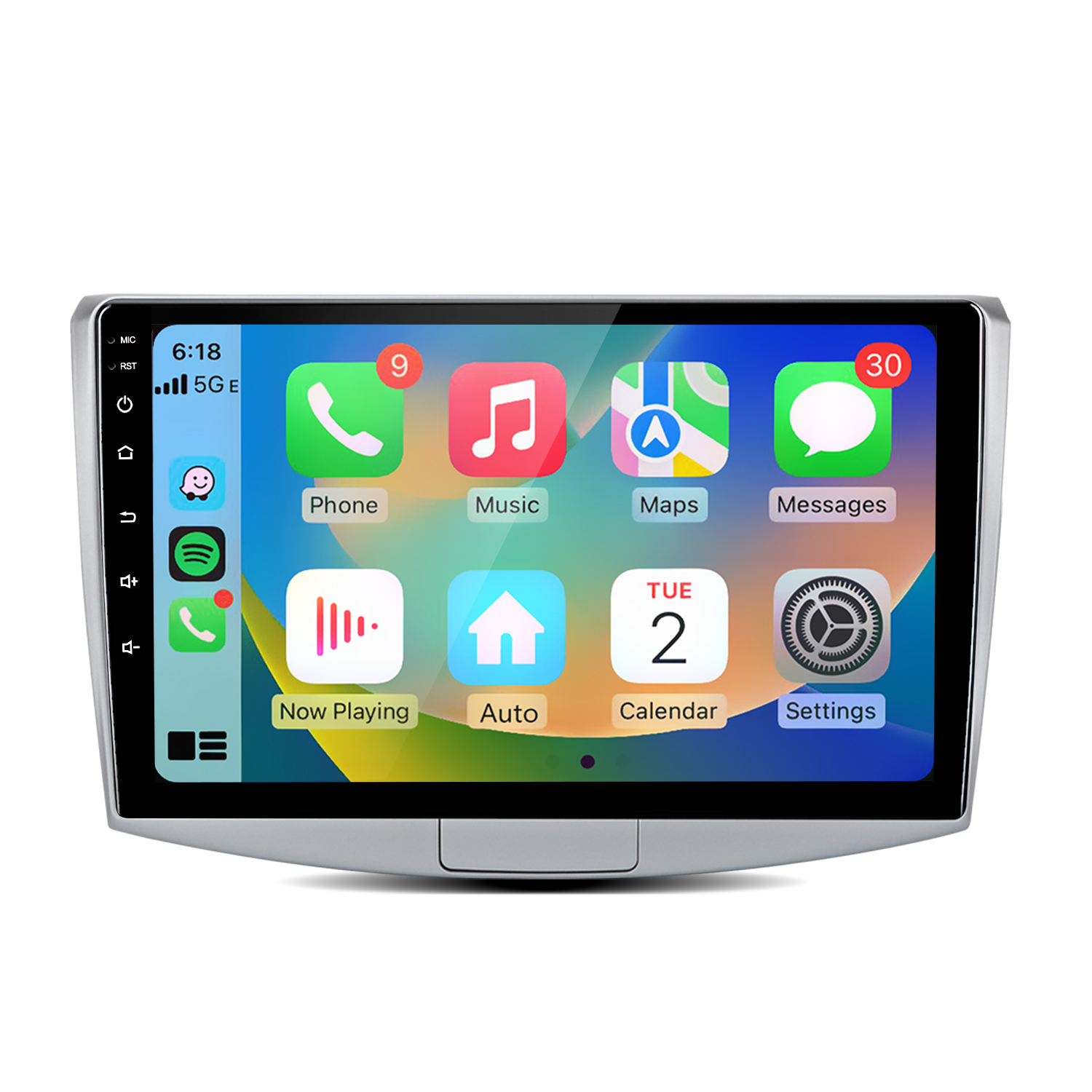 Ein Autoradio-Touchscreen zeigt Apps wie Telefon, Musik, Karten, Nachrichten, Kalender und Einstellungen.